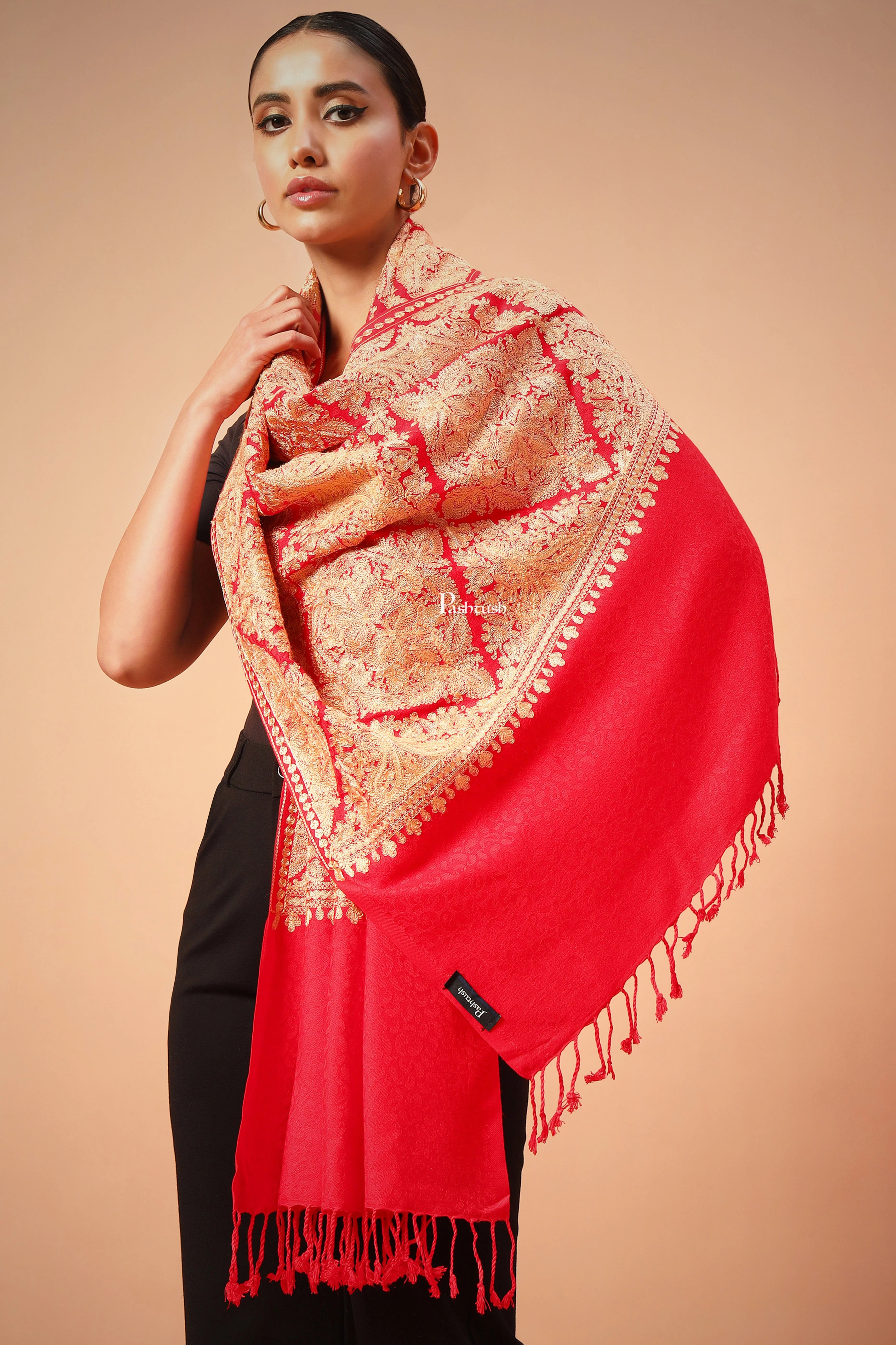Pashtush Womens Embroidered Bamboo Scarf, Soft Faux Pashmina, Scarlet Red