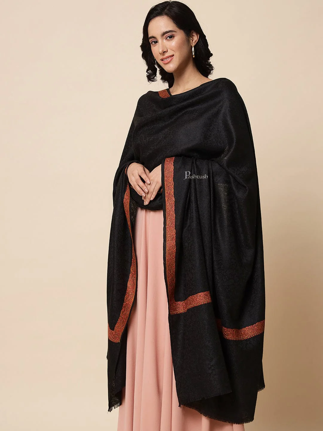 Pashtush Womens Embroidered Shawl, Neem Daur with Paisley Border Shawl, Black - Image 3