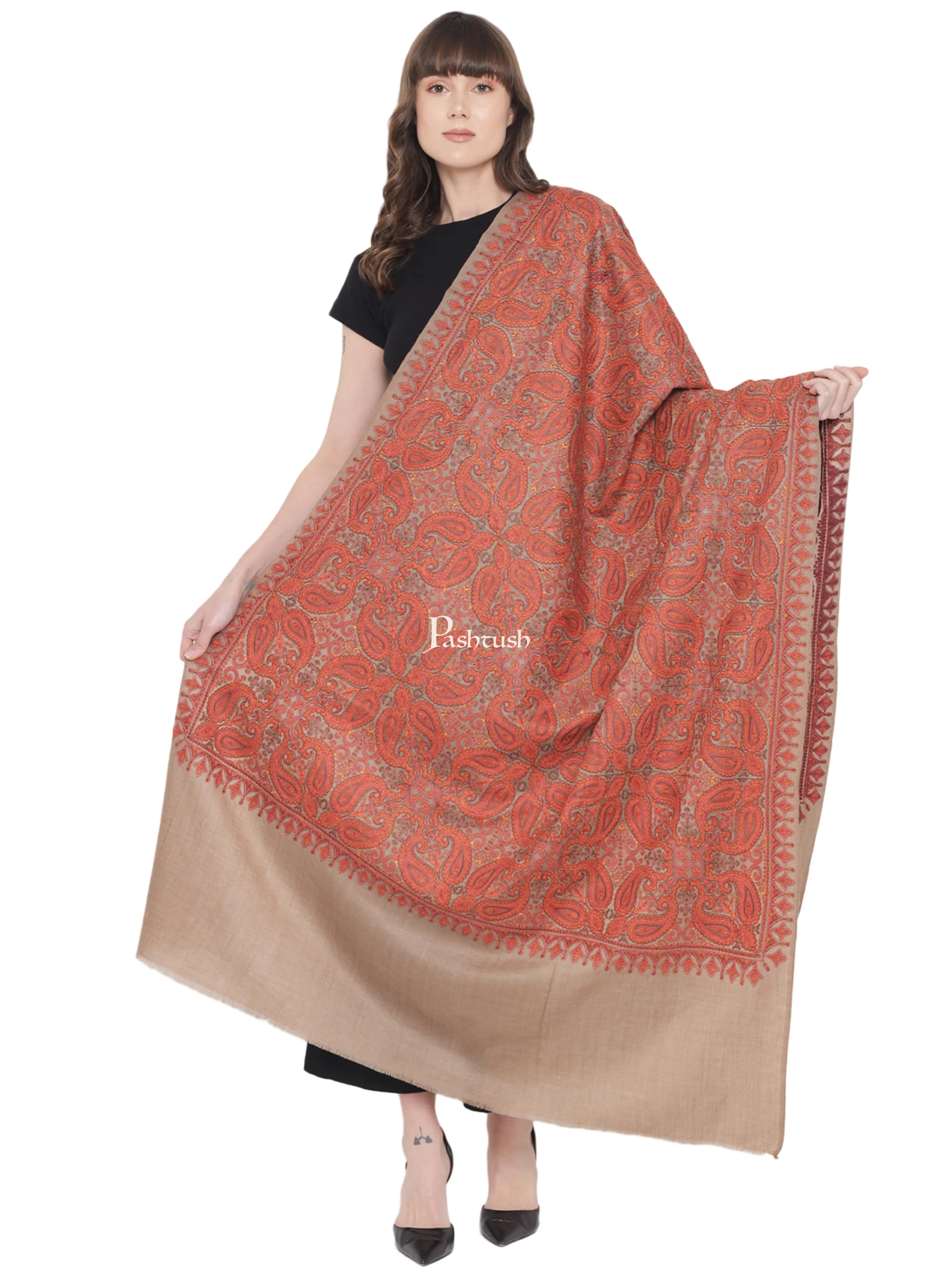 Pashtush Womens Embroidery Jaal Jamawar Shawl, Intricate Heritage Collection, Taupe - Image 3