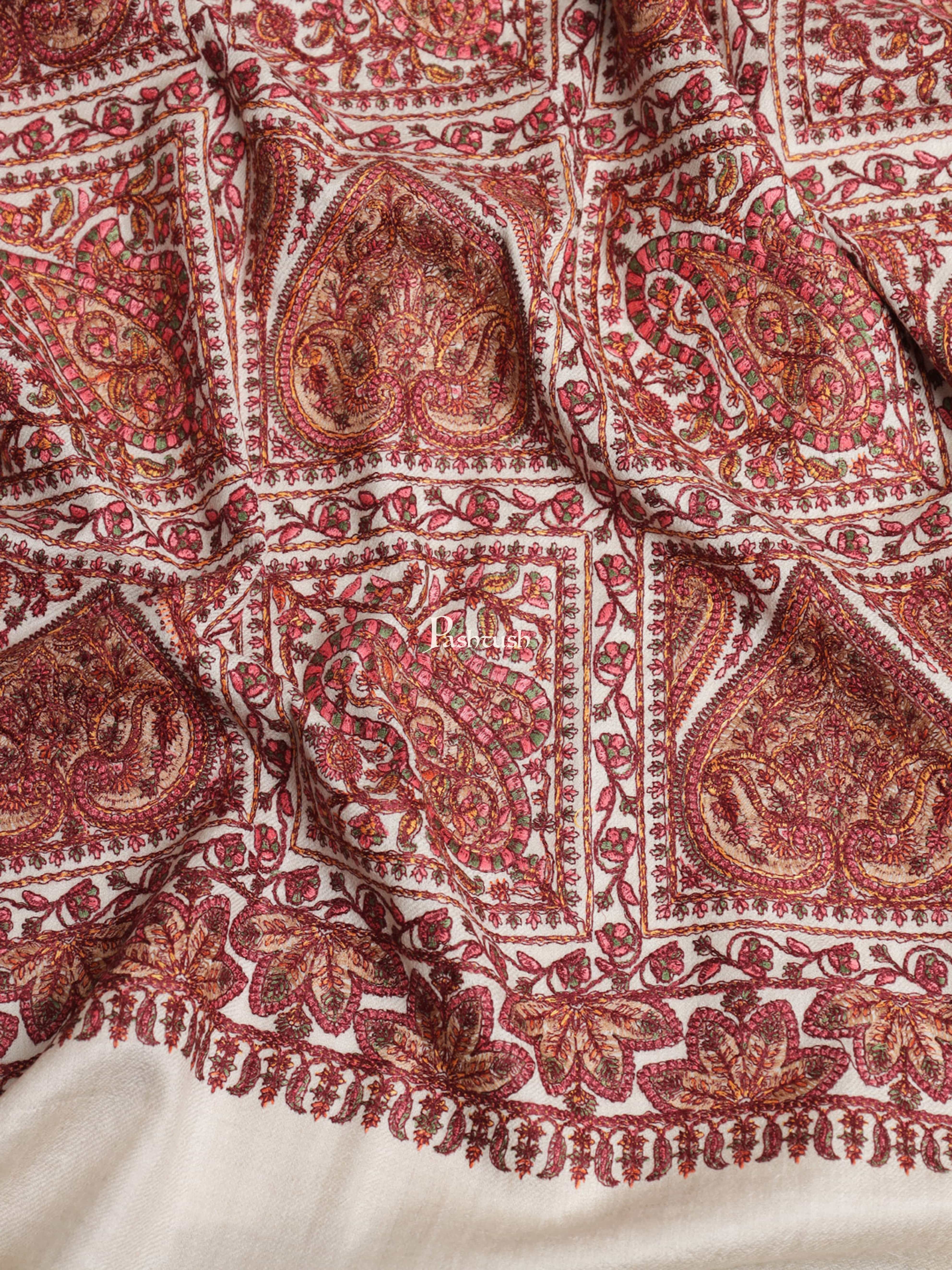 Pashtush Womens Embroidery Shawl, Fine Wool, Intricate Needlework Jaal Beige - Image 2