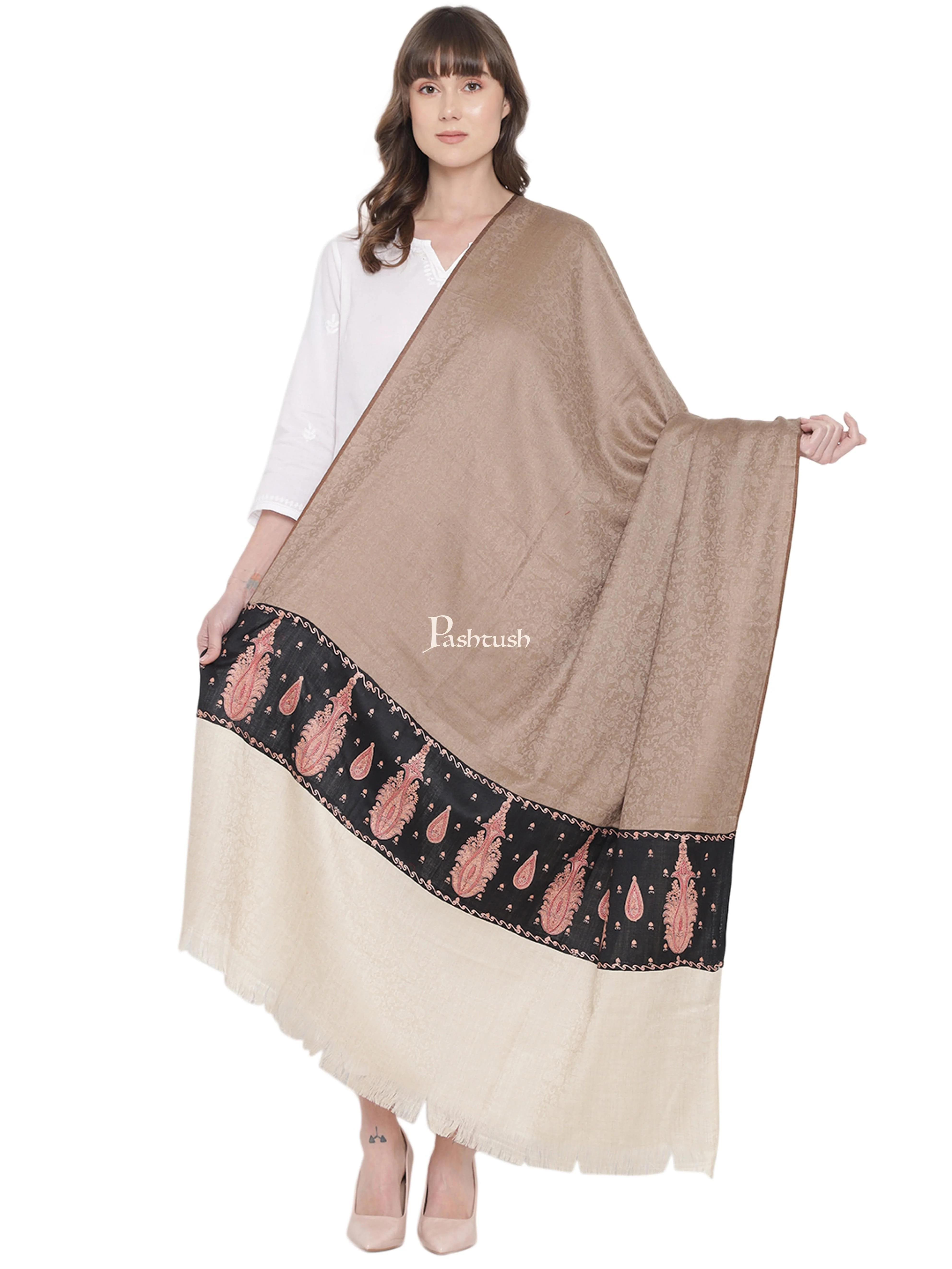 Pashtush Womens Embroidery Shawl, Fine Wool, Paiseley Stitched Palla, Beige and Black