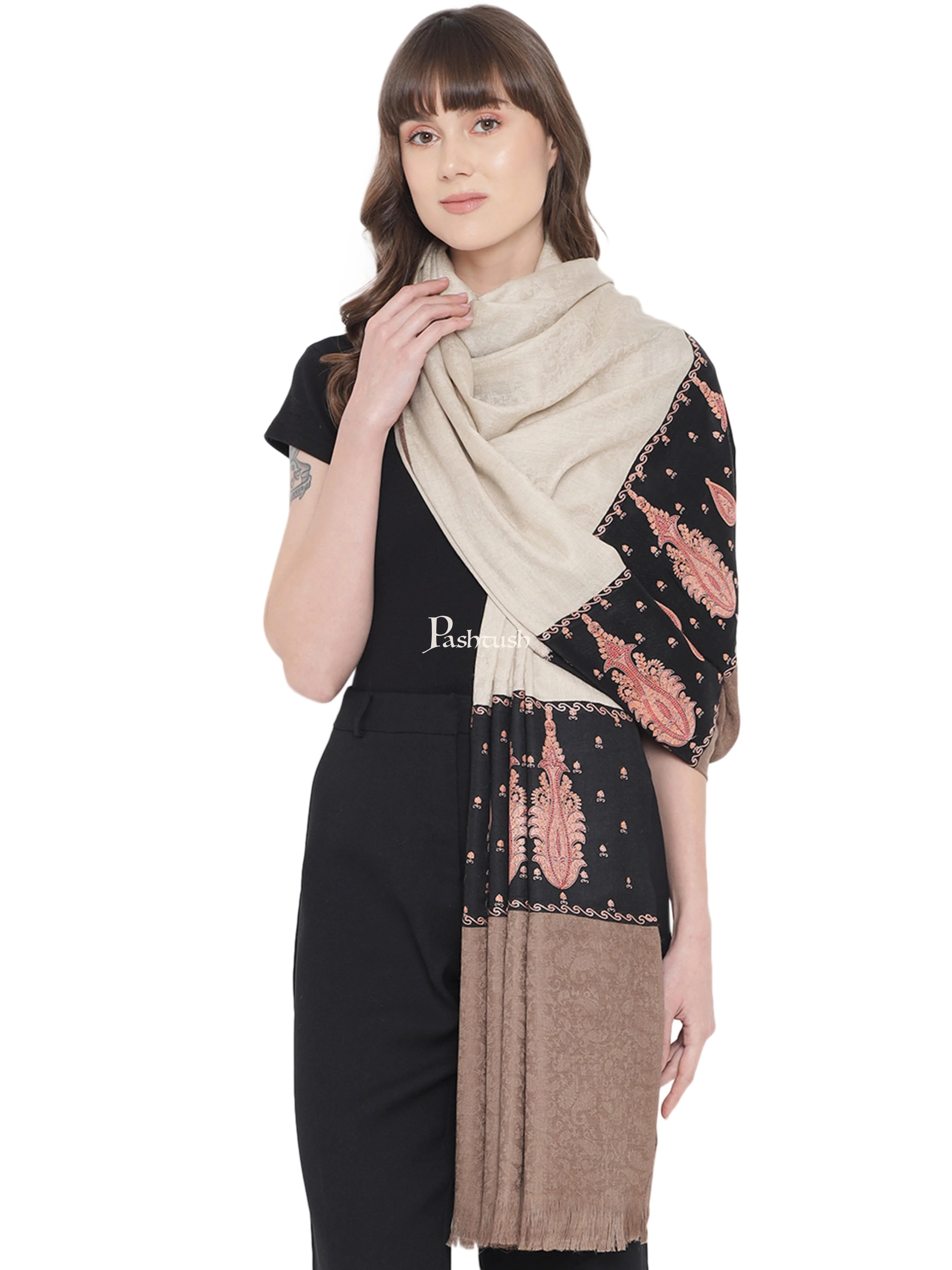 Pashtush Womens Embroidery Shawl, Fine Wool, Paiseley Stitched Palla, Black - Image 4