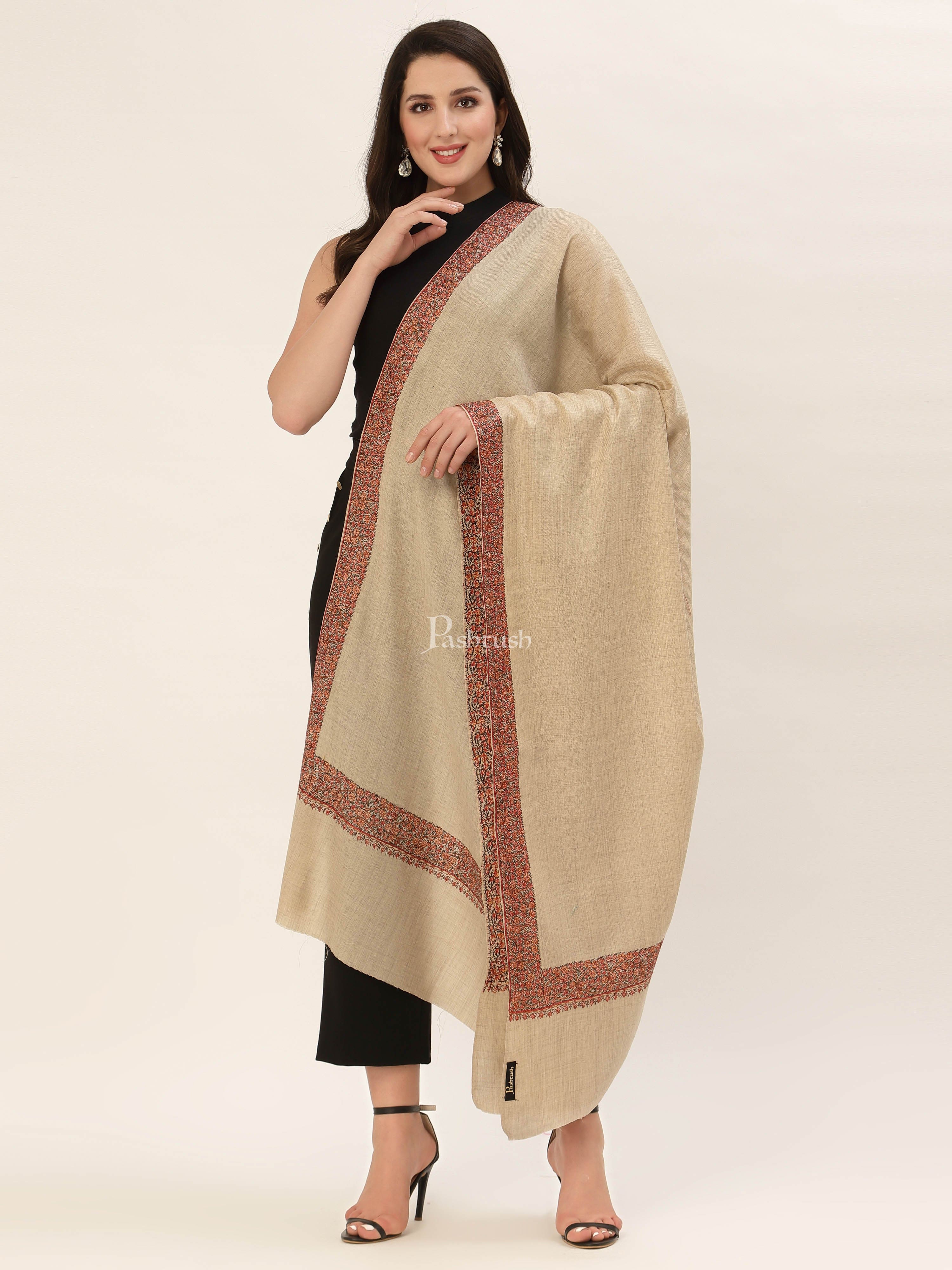 Pashtush Womens Hand Embroidery Shawl, Fine Wool Shawls, Beige - Image 5