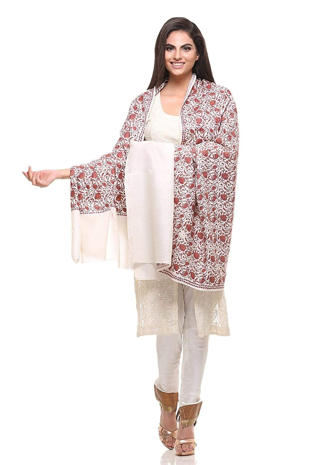 Pashtush Womens Embroidery Shawl White Silk Thread Work, Embroidery Design. Heritage Wool Collection - Image 2
