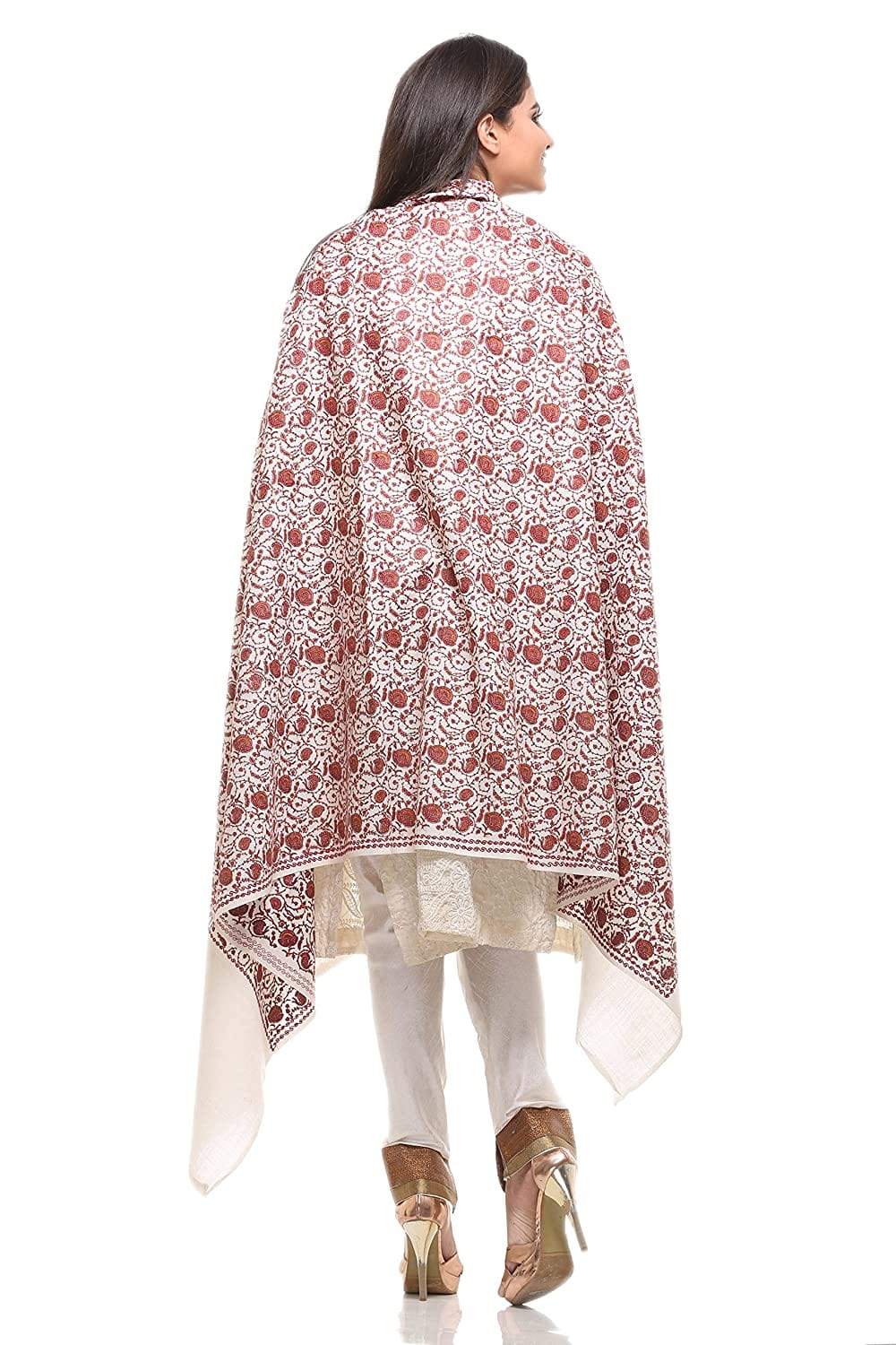 Pashtush Womens Embroidery Shawl White Silk Thread Work, Embroidery Design. Heritage Wool Collection - Image 3