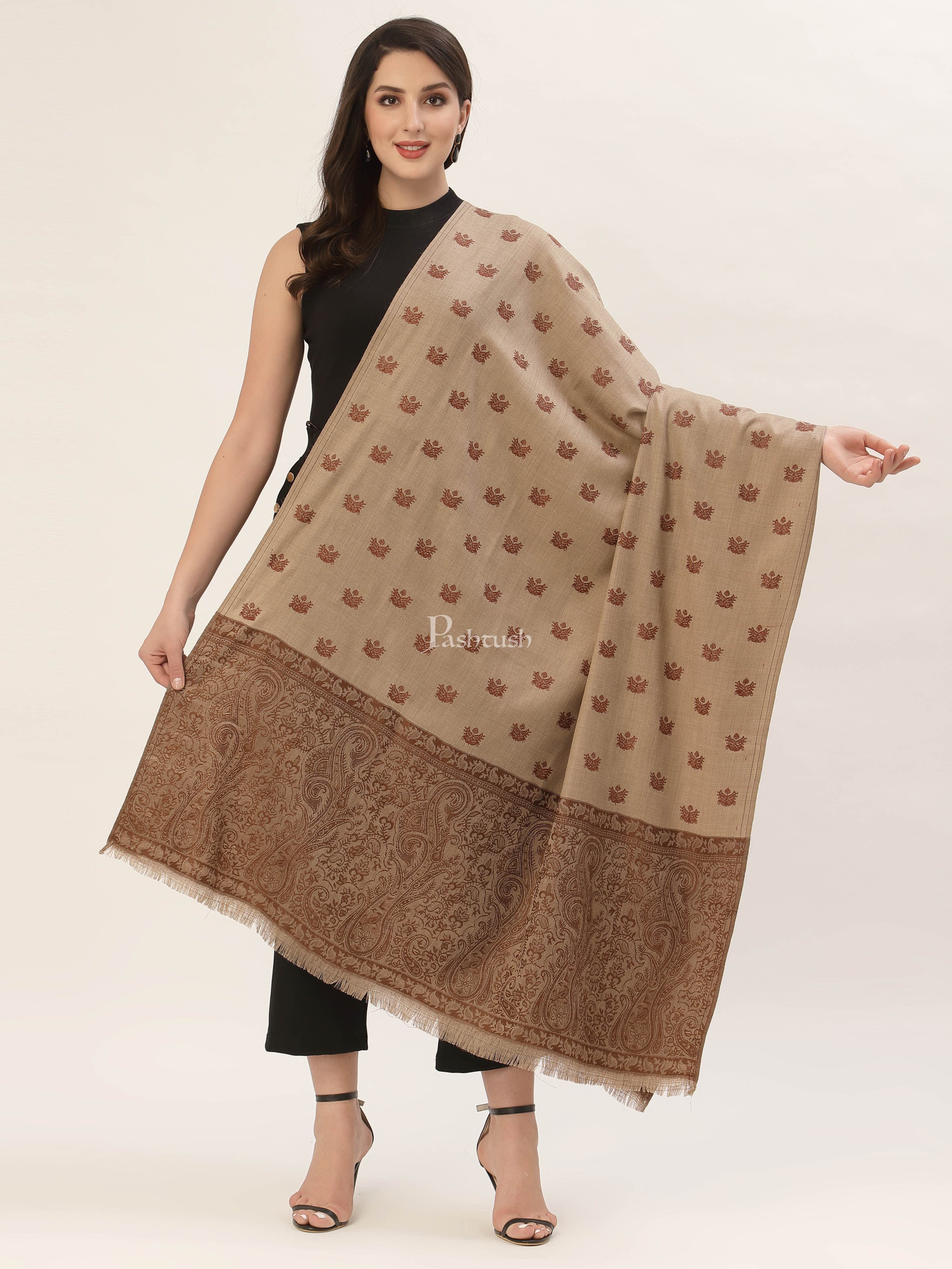 Pashtush Womens Embroidery Shawl, Jaal Design, Fine Wool, Beige and Emerald brown