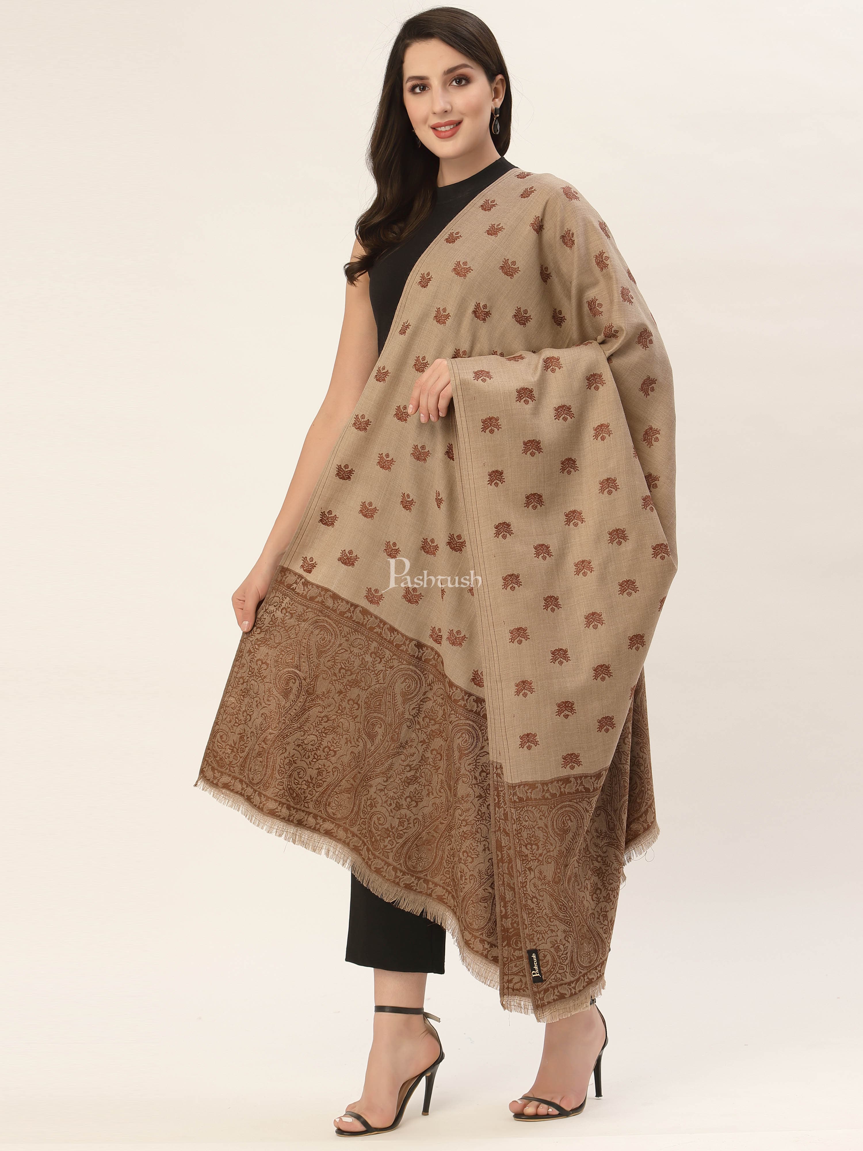Pashtush Womens Embroidery Shawl, Jaal Design, Fine Wool, Beige and Emerald brown - Image 4