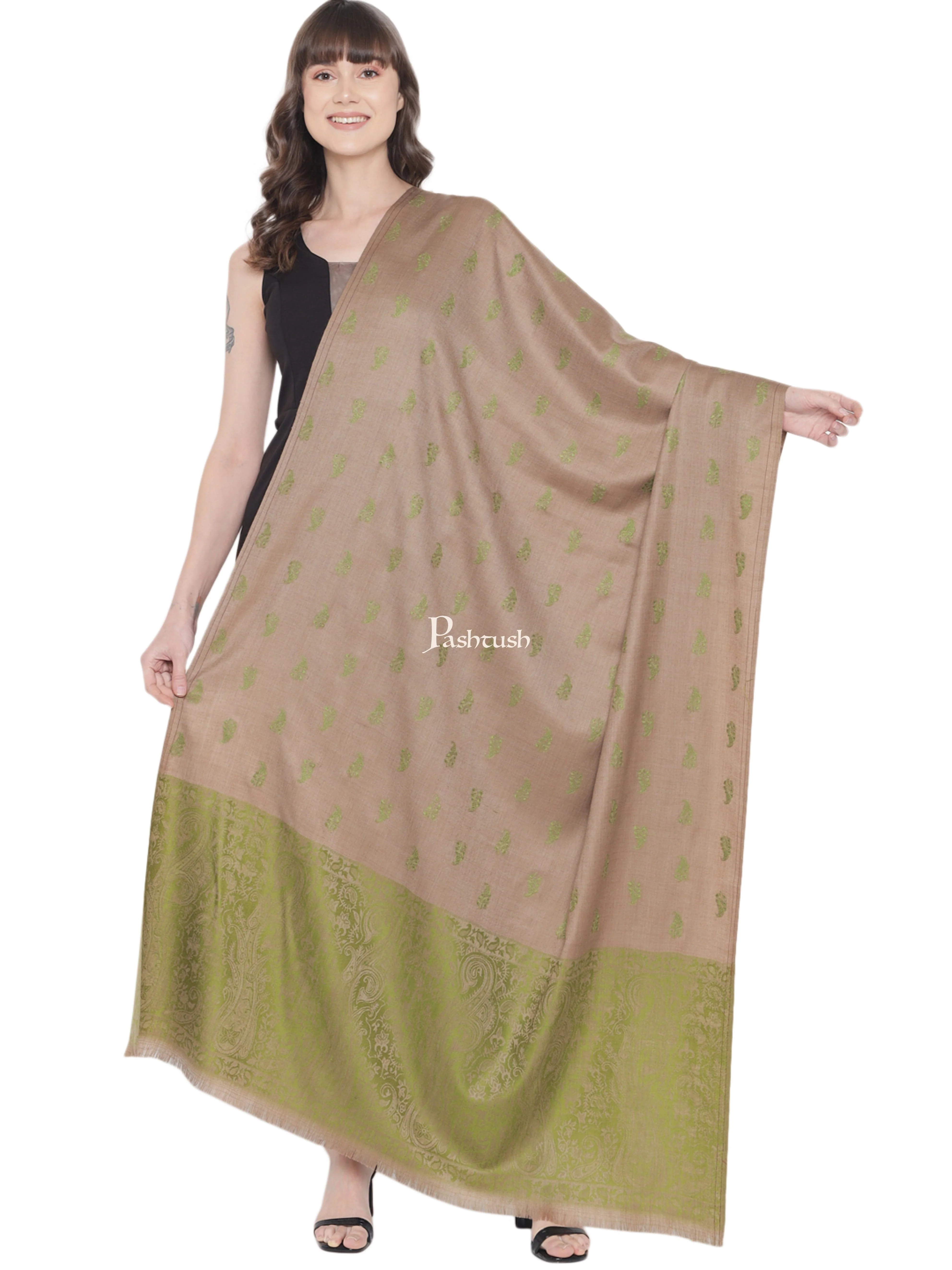 Pashtush Womens Embroidery Shawl, Jaal Design, Fine Wool, Beige and Emerald Green