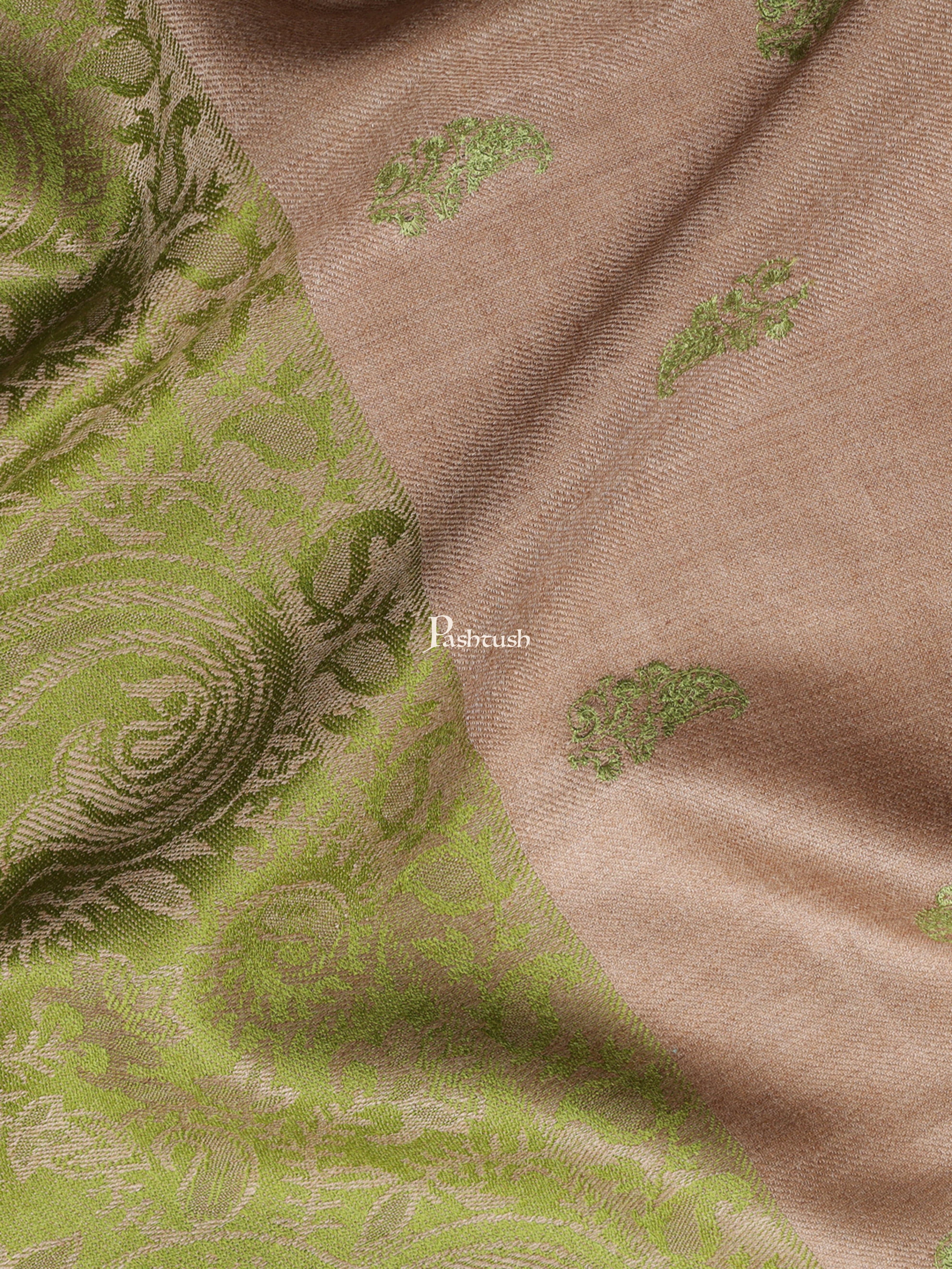 Pashtush Womens Embroidery Shawl, Jaal Design, Fine Wool, Beige and Emerald Green - Image 2