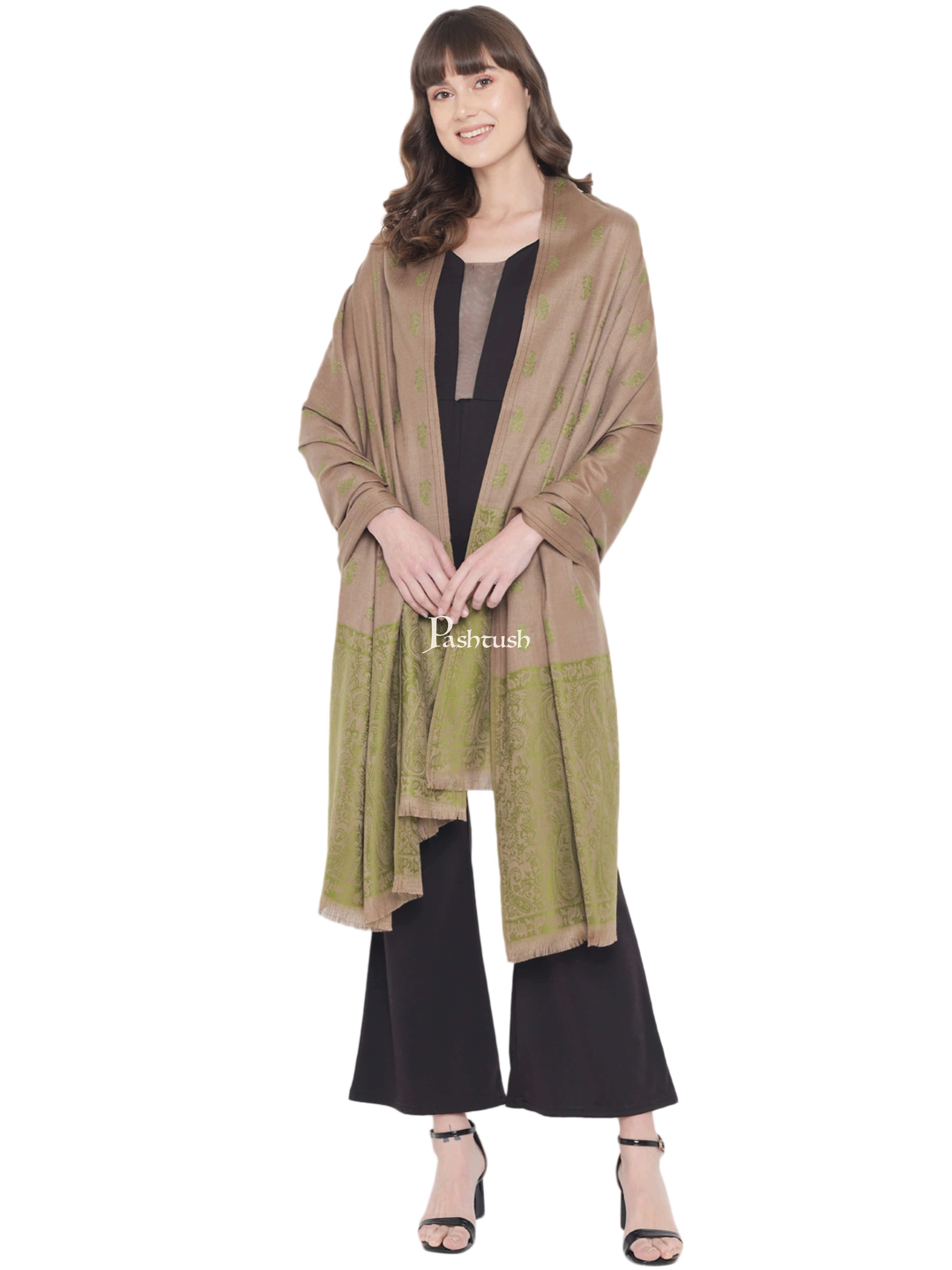 Pashtush Womens Embroidery Shawl, Jaal Design, Fine Wool, Beige and Emerald Green - Image 3
