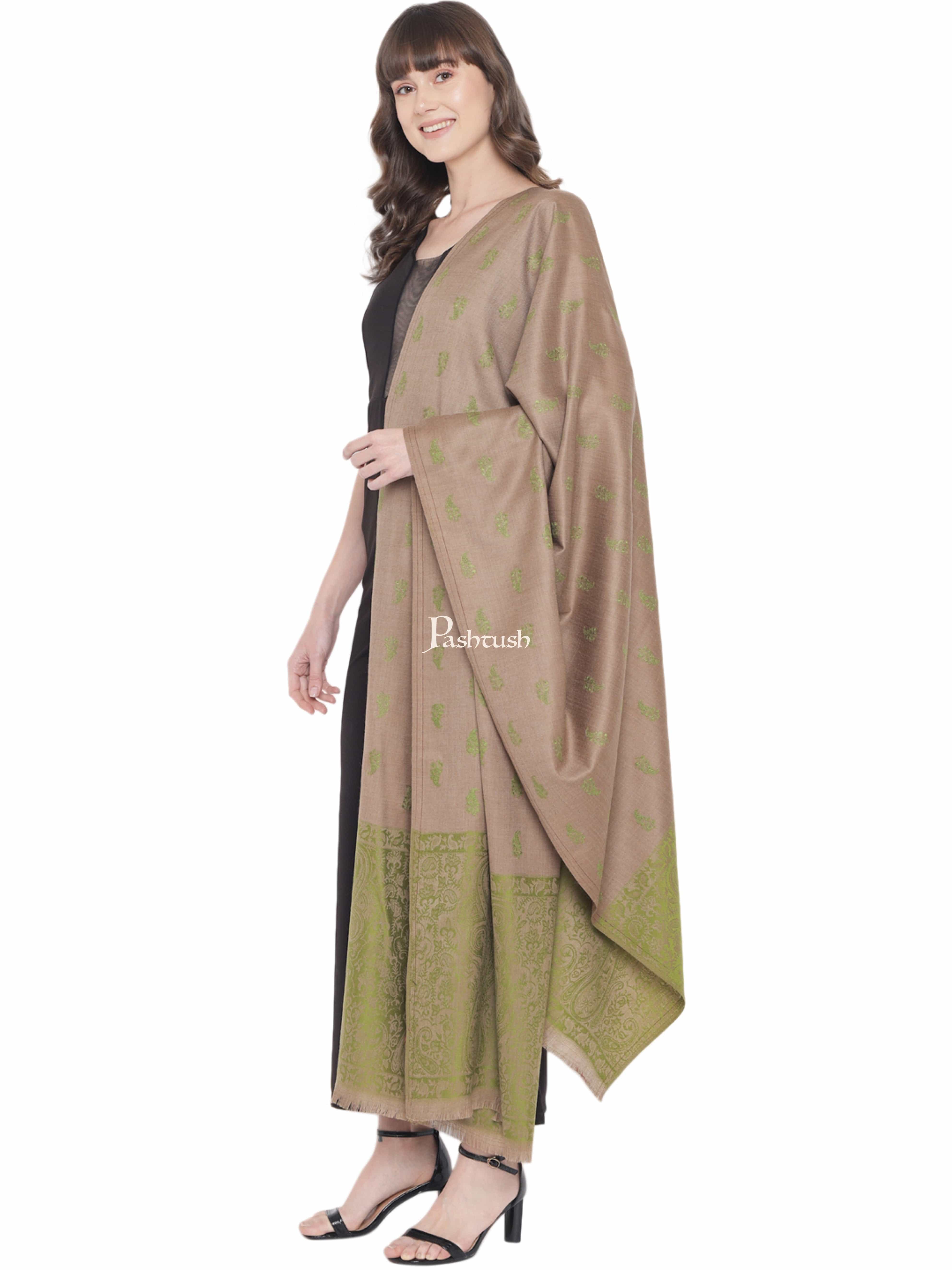 Pashtush Womens Embroidery Shawl, Jaal Design, Fine Wool, Beige and Emerald Green - Image 6