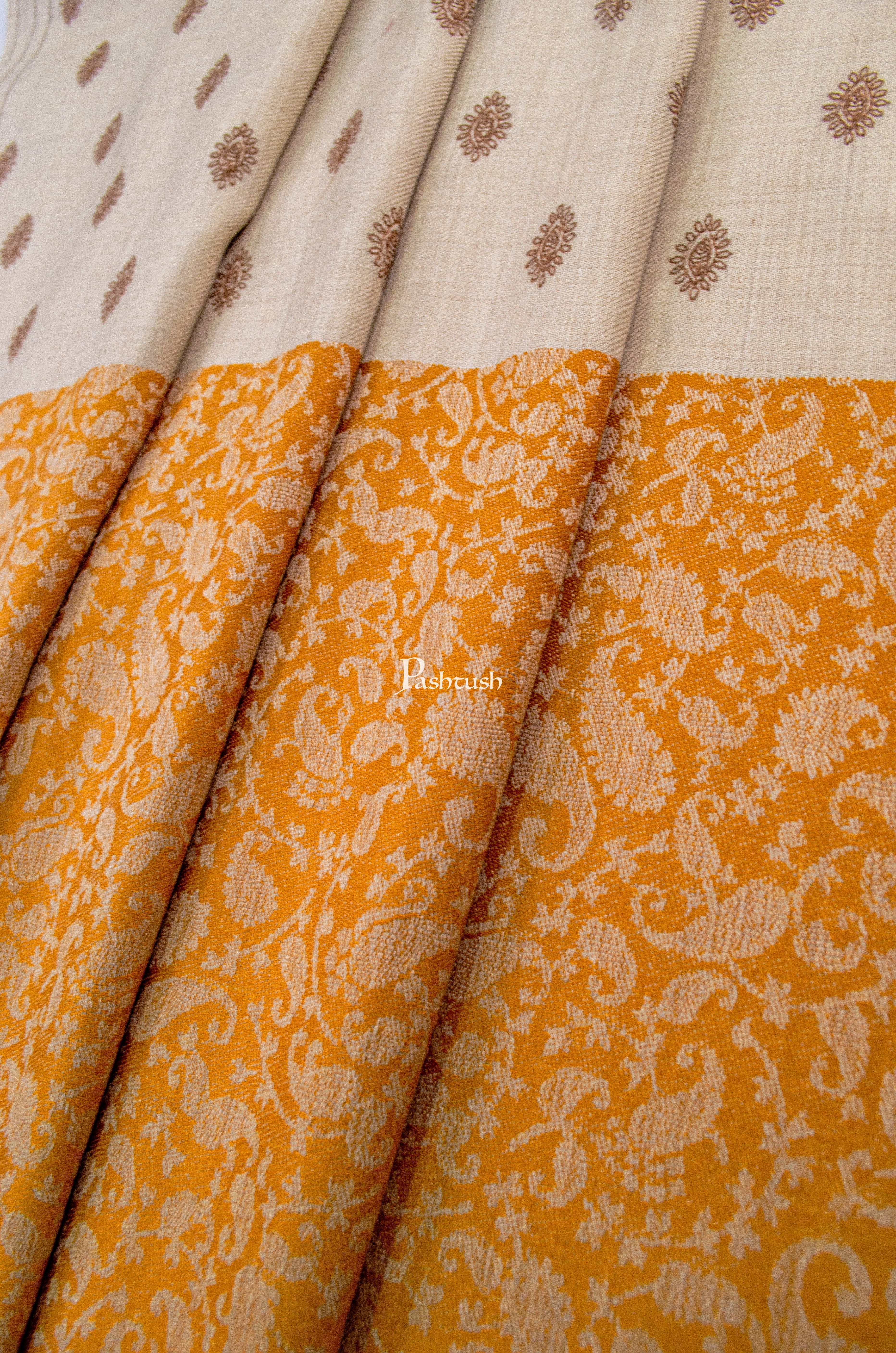 Pashtush Womens Embroidery Shawl, Jacquard Palla, Fine Wool, Beige and Orange - Image 2