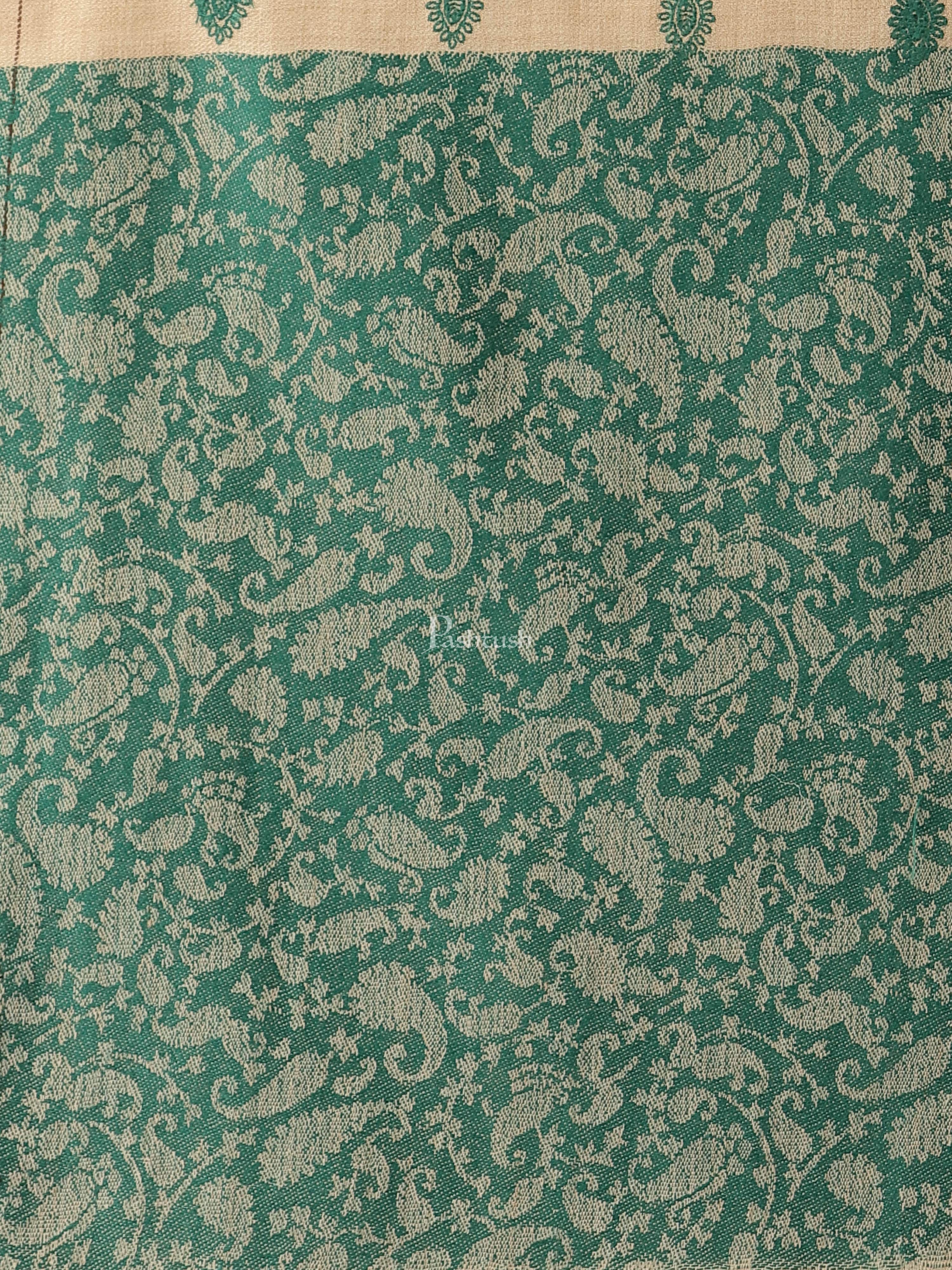 Pashtush Womens Embroidery Shawl, Jacquard Palla, Fine Wool, Beige and Green - Image 2