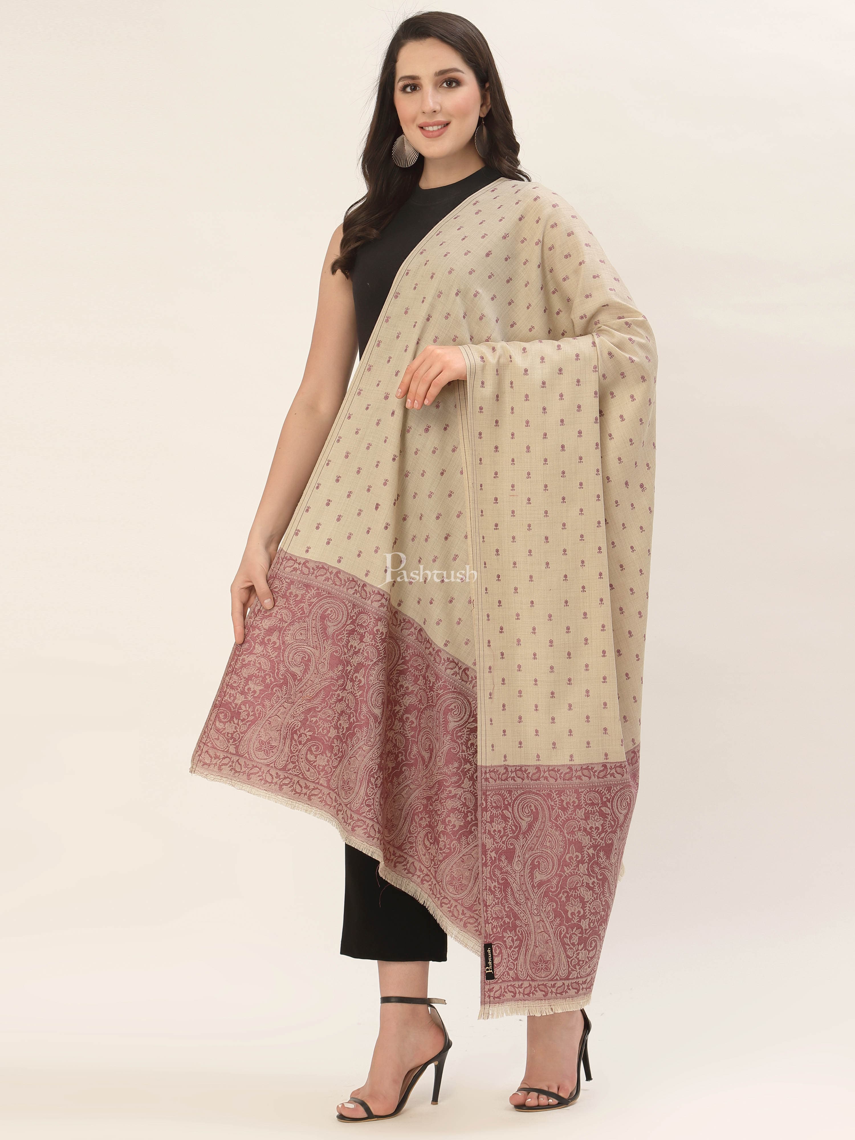 Pashtush Womens Embroidery Shawl, Jacquard Palla, Fine Wool - Image 6