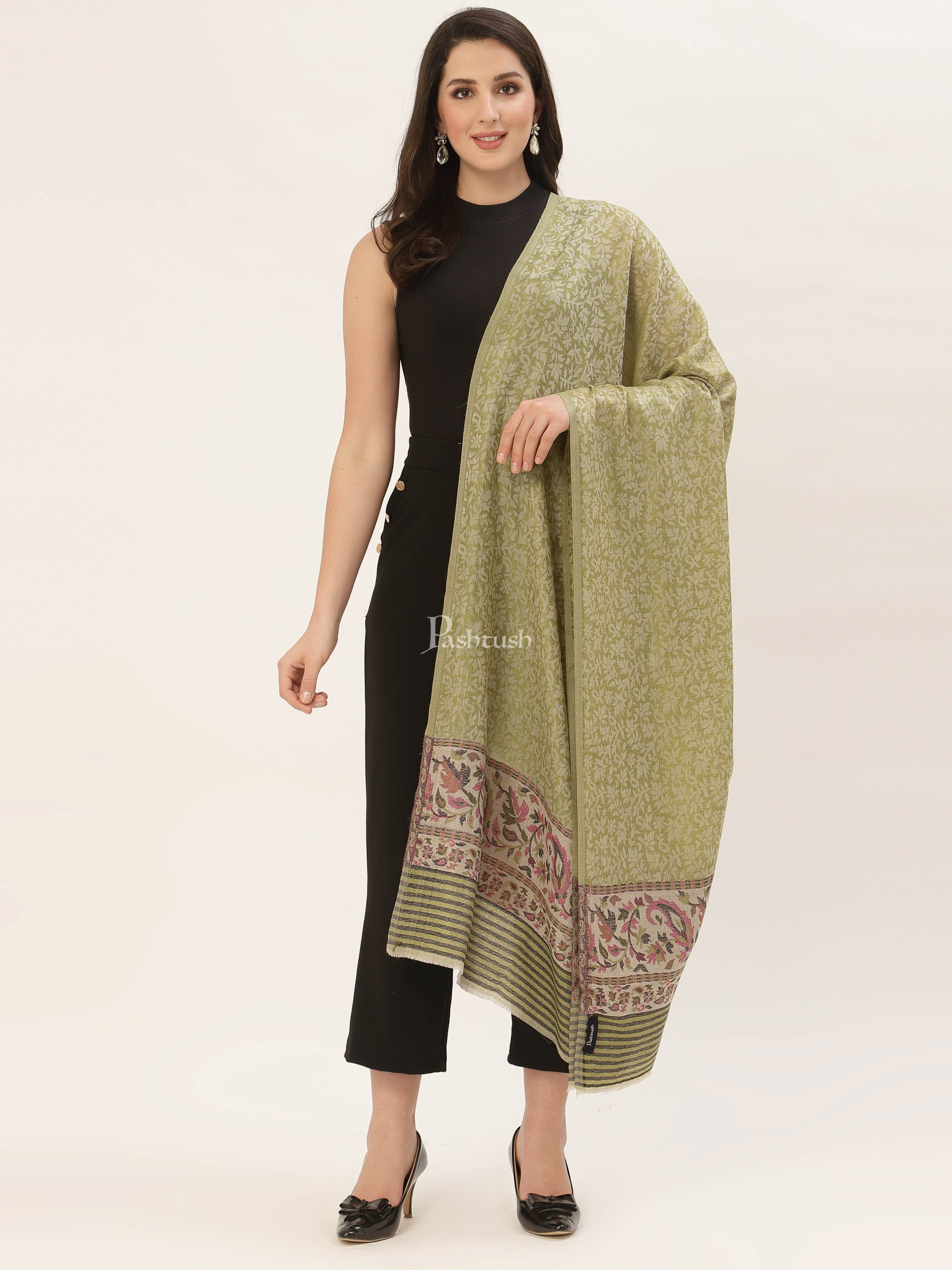 Pashtush Womens Embroidery Shawl, Jacquard Palla, Fine Wool, Green - Image 5