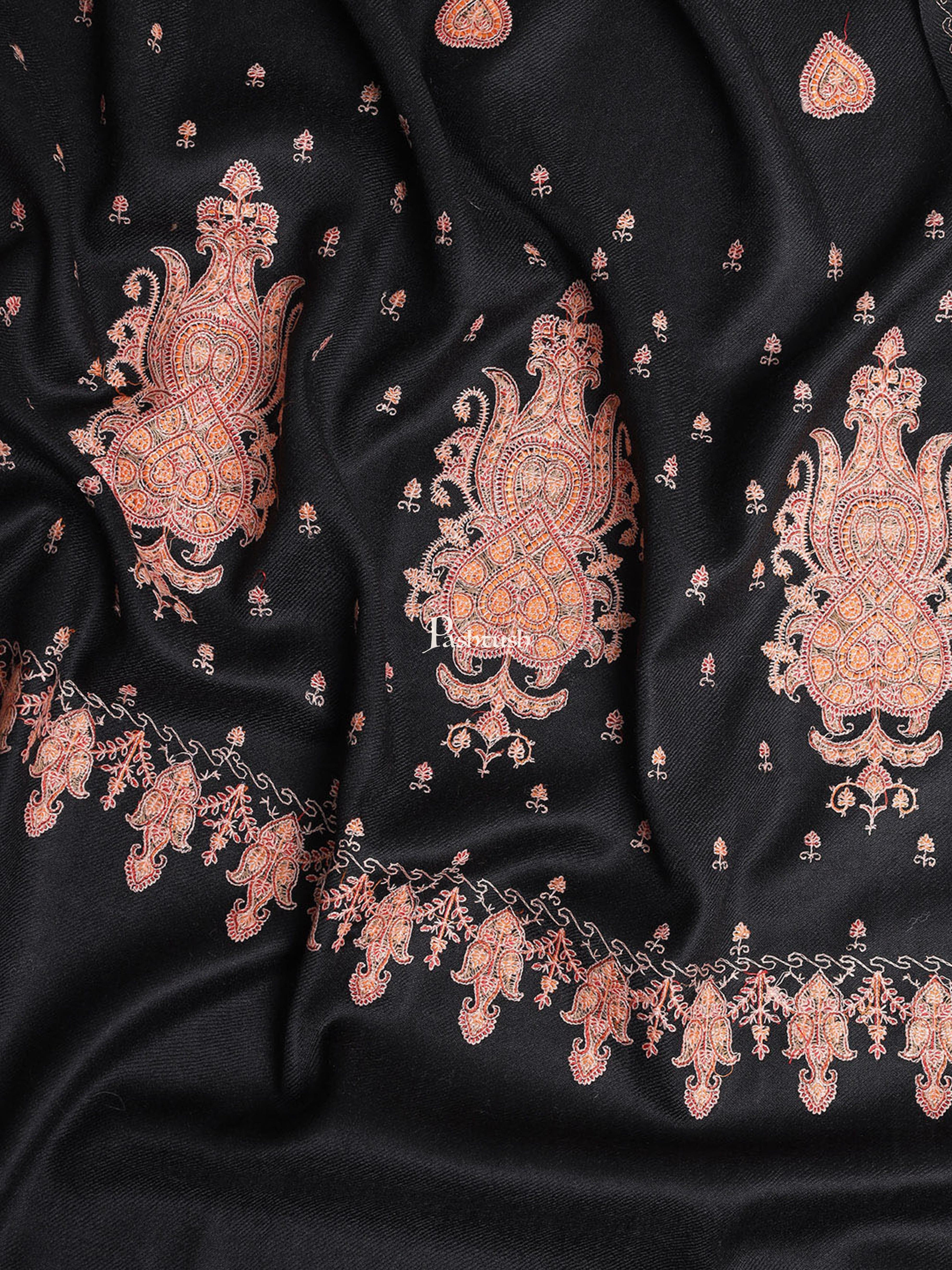 Pashtush Womens Embroidery Shawl, Khakikar, Booti Jaal, Fine Wool, Black - Image 2