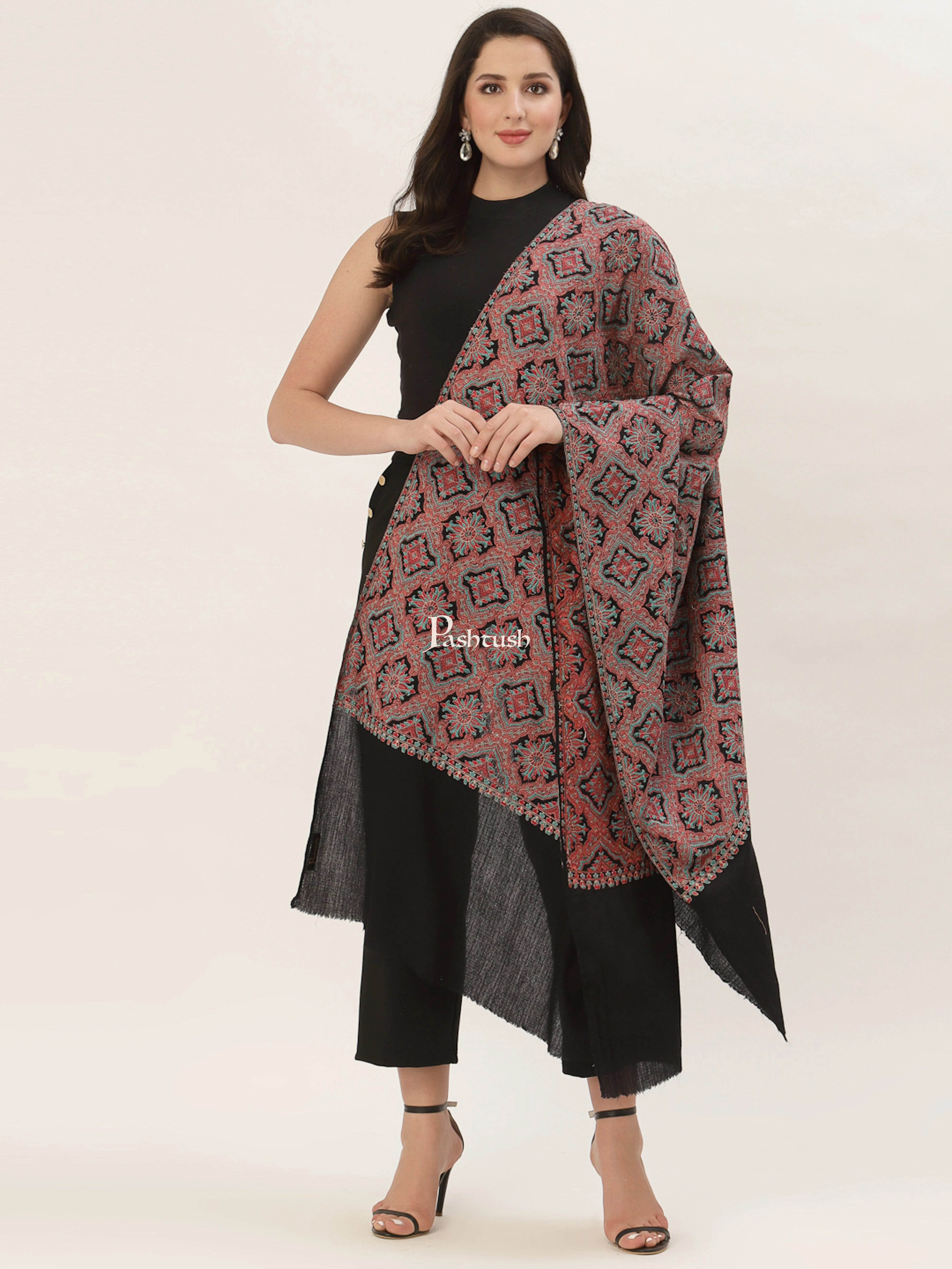 Pashtush Womens Embroidery Shawl, Black - Image 4