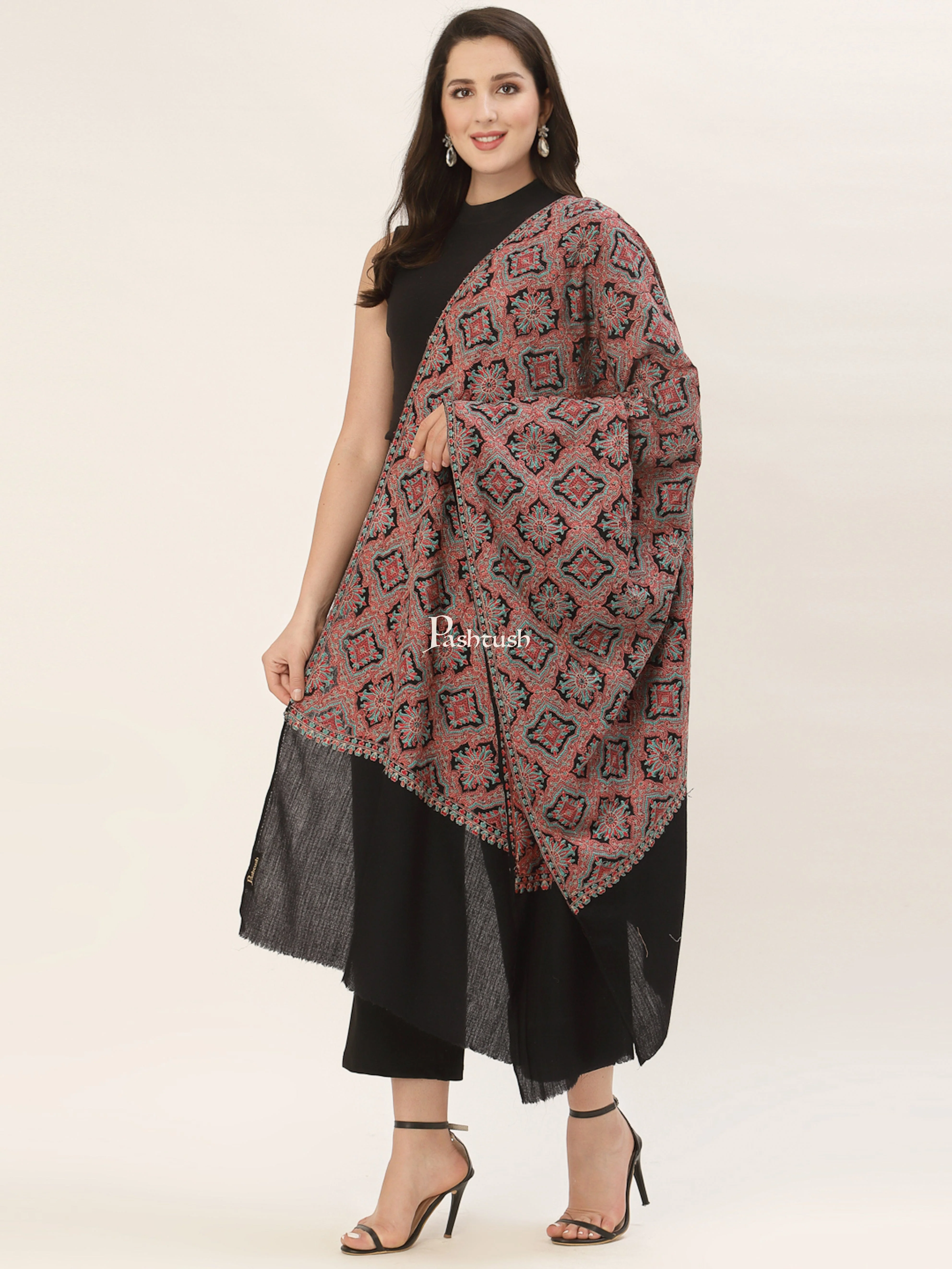 Pashtush Womens Embroidery Shawl, Black - Image 6
