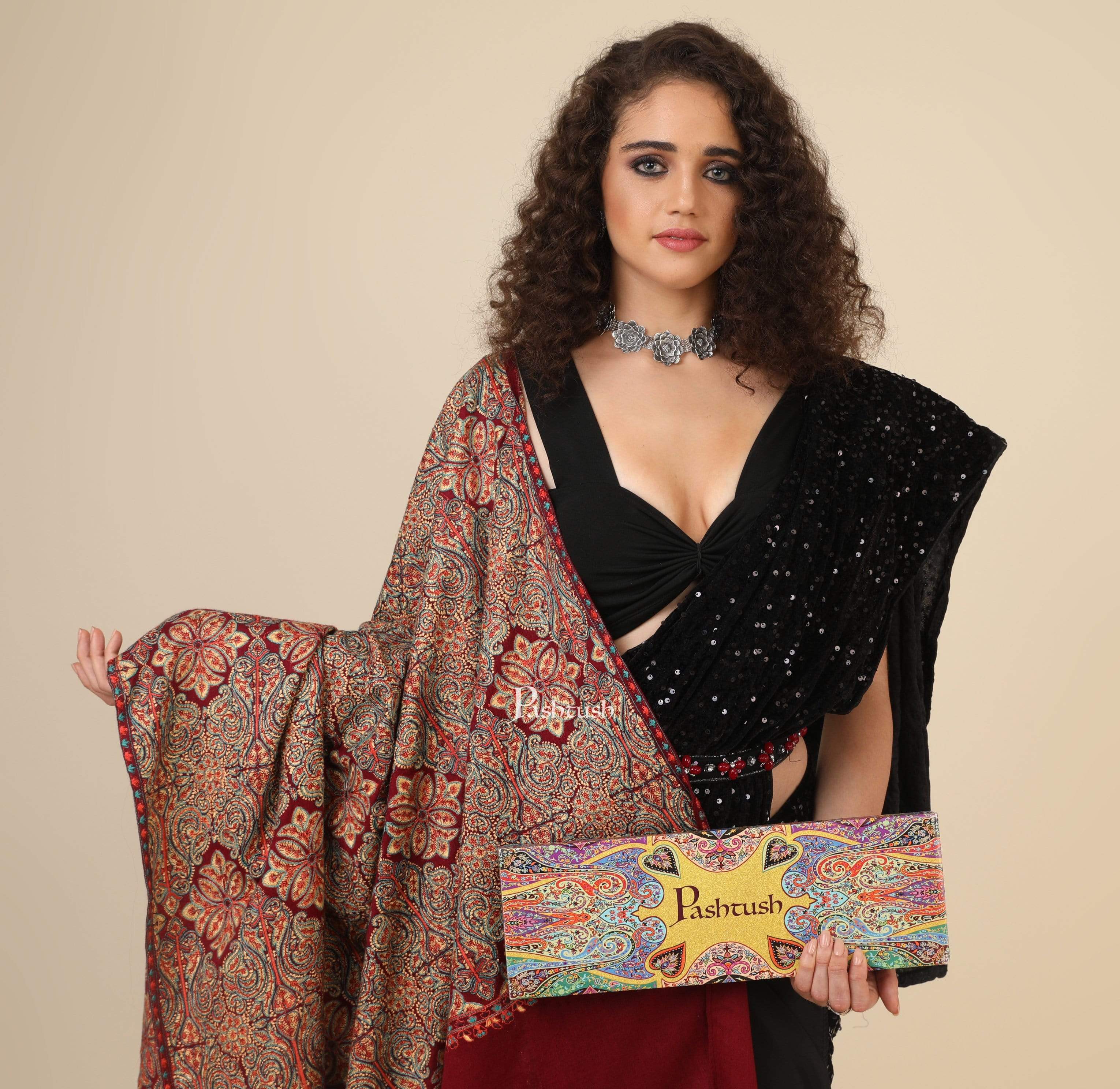 Pashtush Womens Embroidery Shawl, Maroon - Image 3