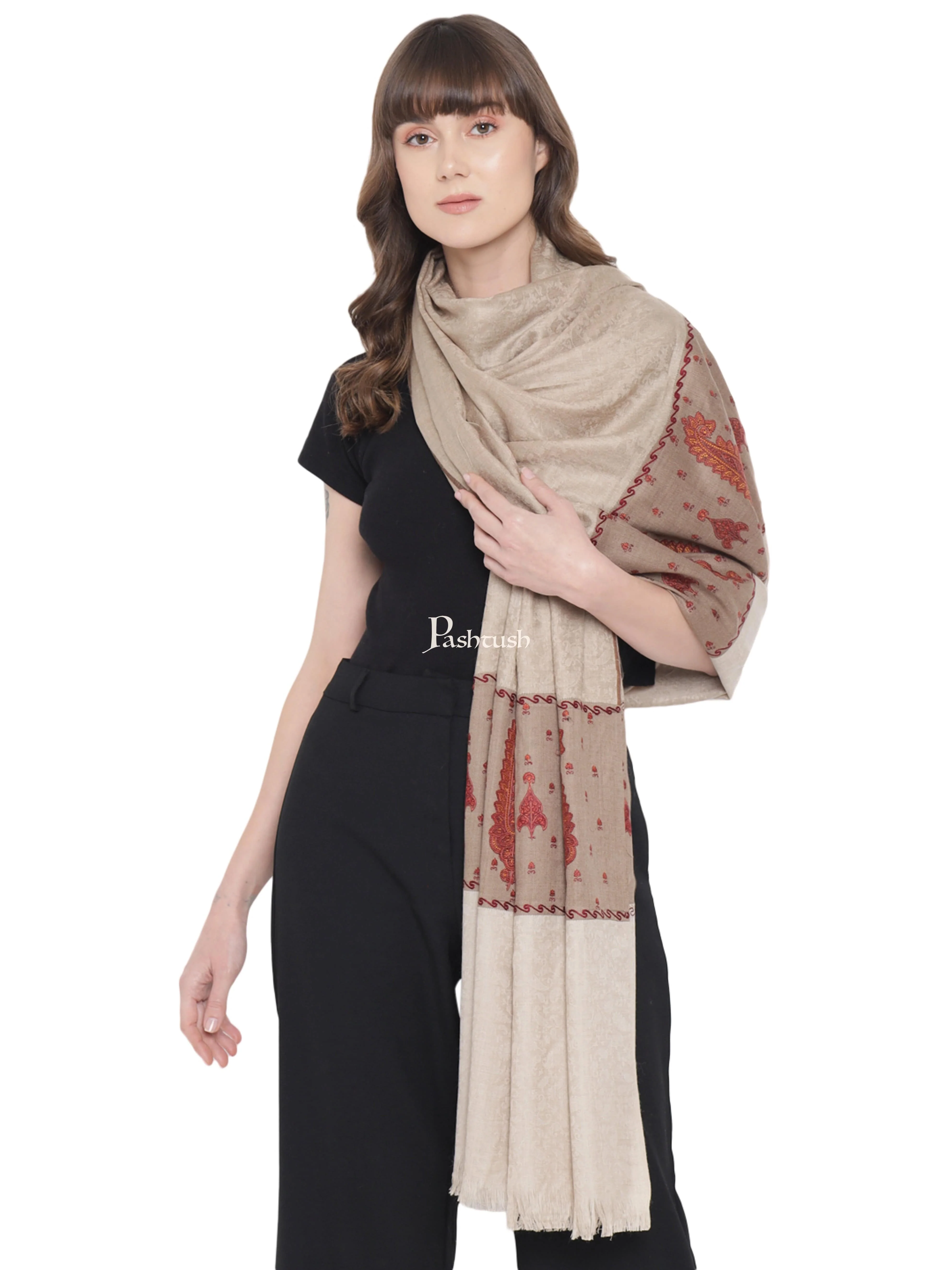Pashtush Womens Embroidery Shawl, Paiseley Stitched Palla, Beige and Taupe - Image 4