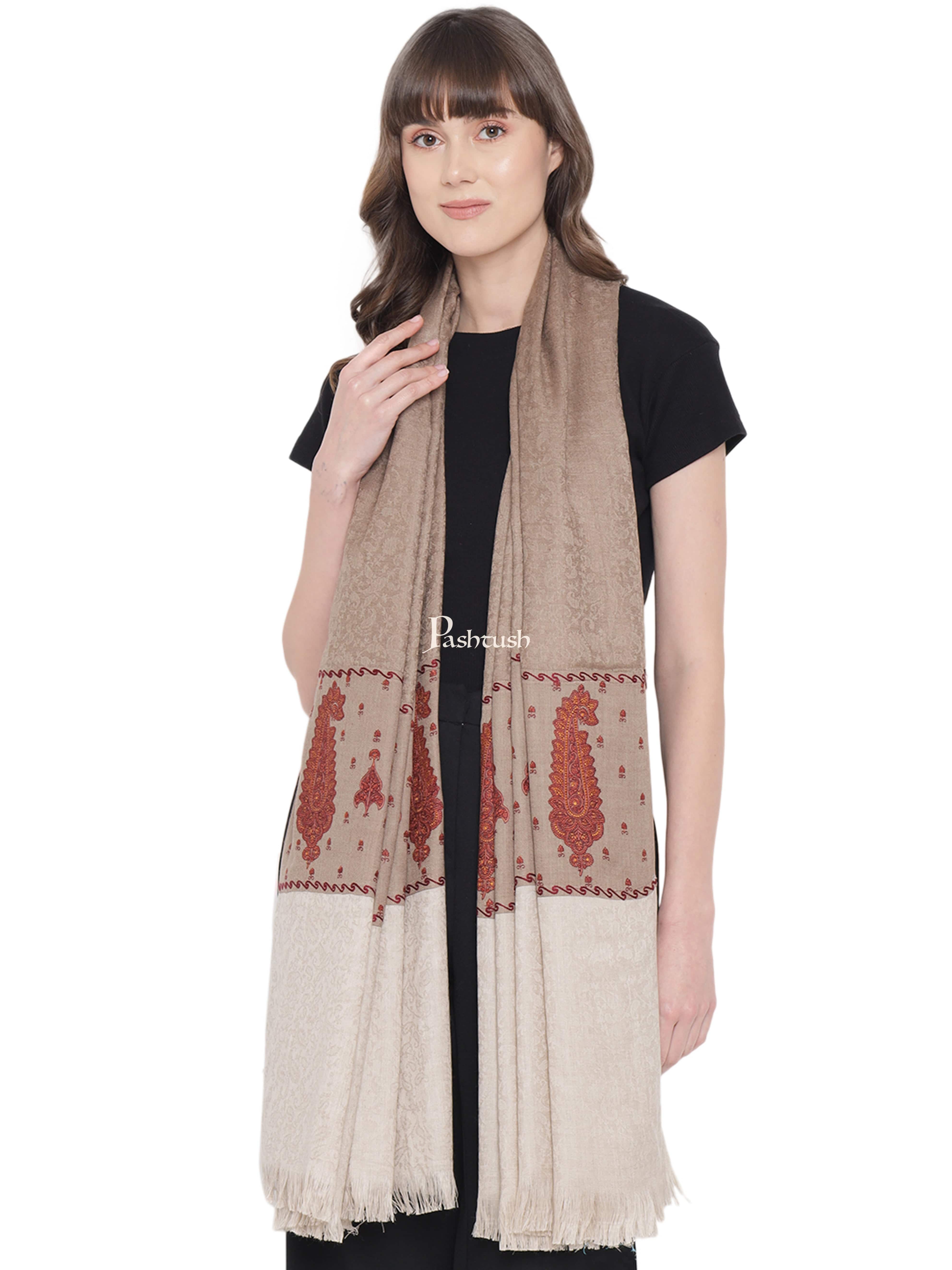 Pashtush Womens Embroidery Shawl, Fine Wool, Paiseley Stitched Palla, Taupe