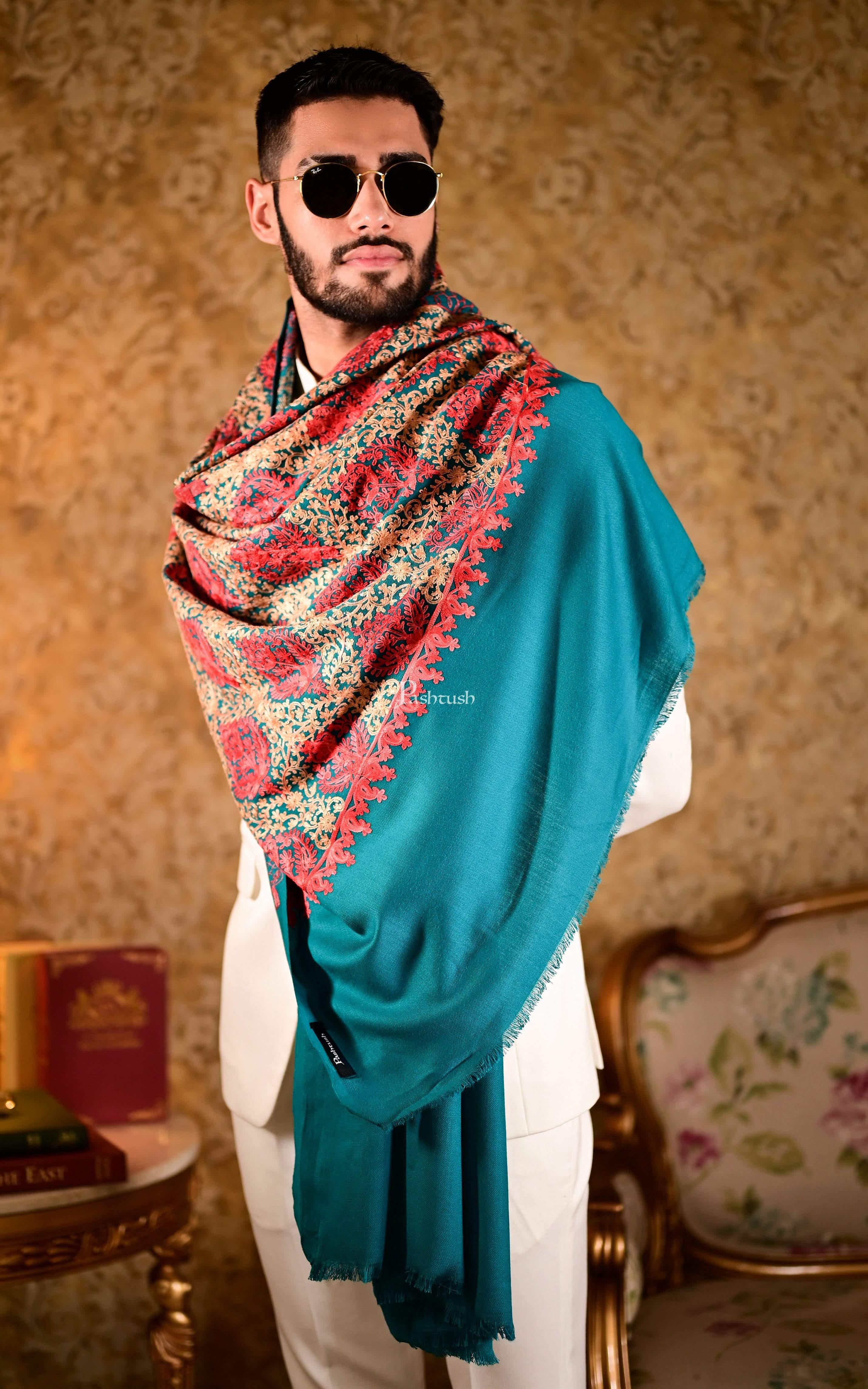 Pashtush Mens Embroidery Stole, Silky Thread Work - Faux Pashmina