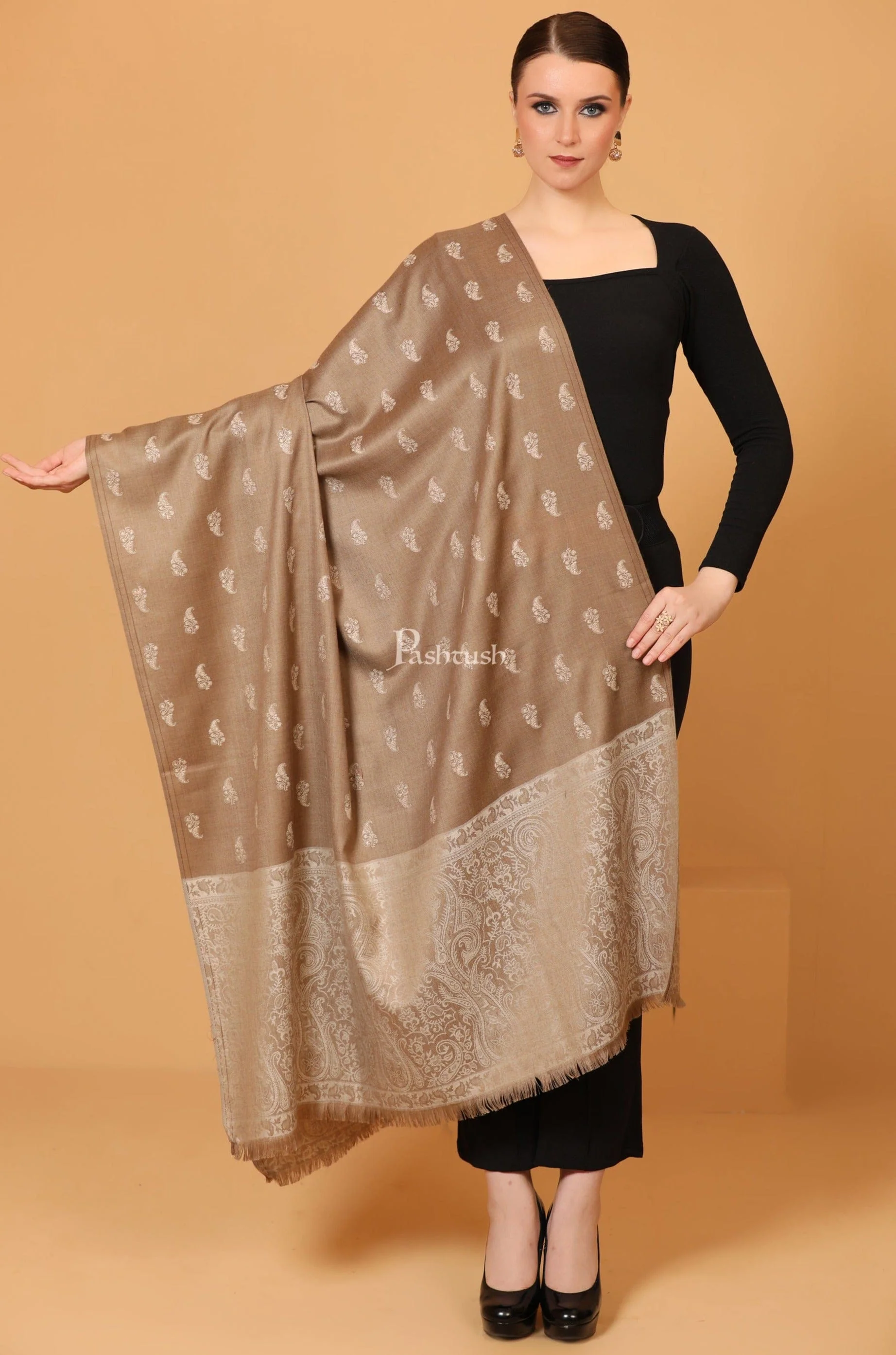 Pashtush Womens Embroidery Shawl, Tone on Tone Jacquard Palla, Fine Wool, Beige