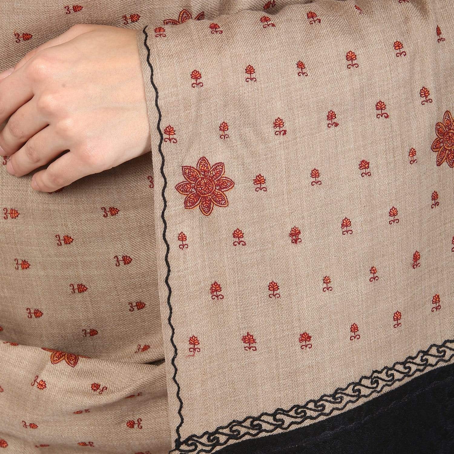 Pashtush Women'S Embroidery Wool Shawl, Beige And Black, Design Shawl - Image 2