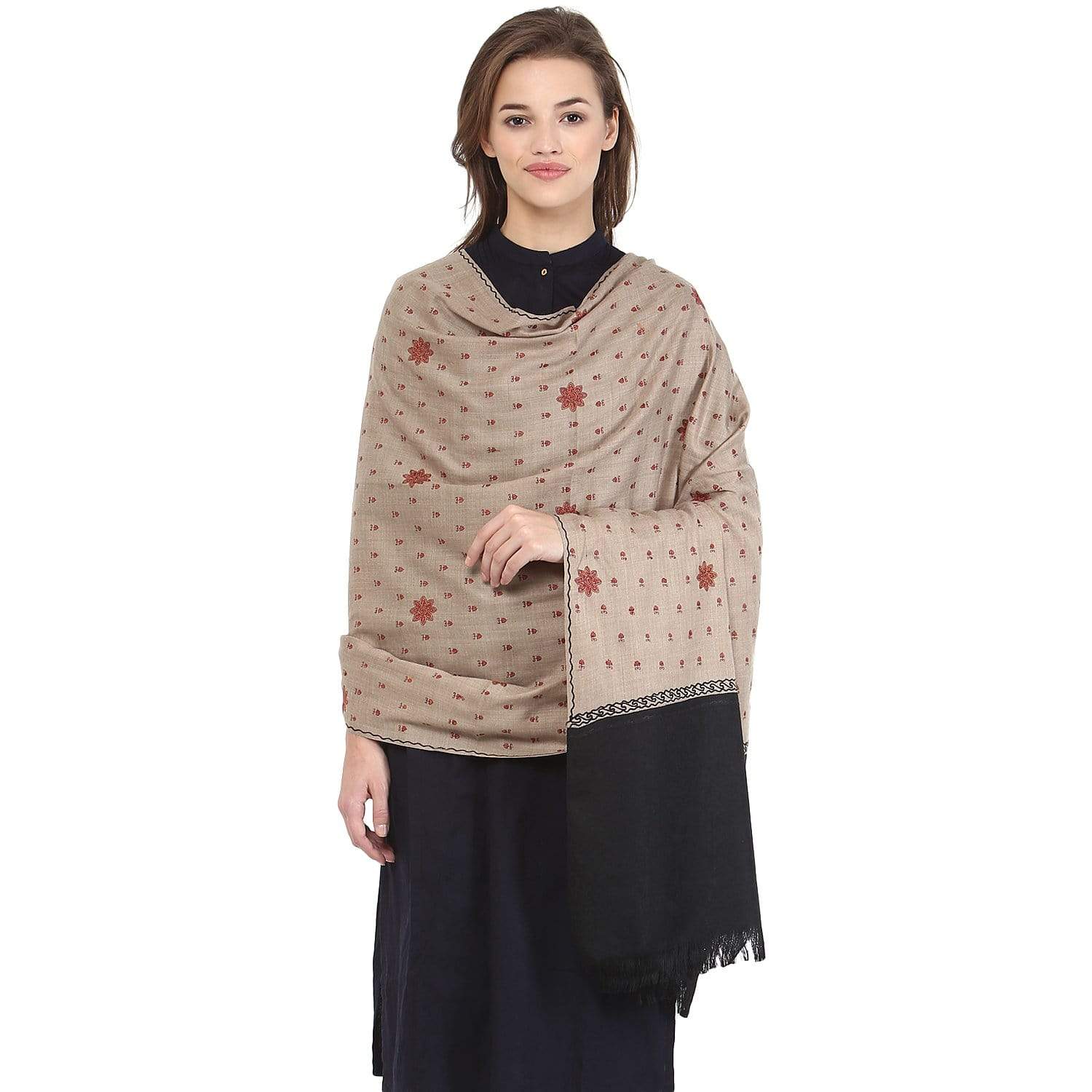 Pashtush Women'S Embroidery Wool Shawl, Beige And Black, Design Shawl - Image 5