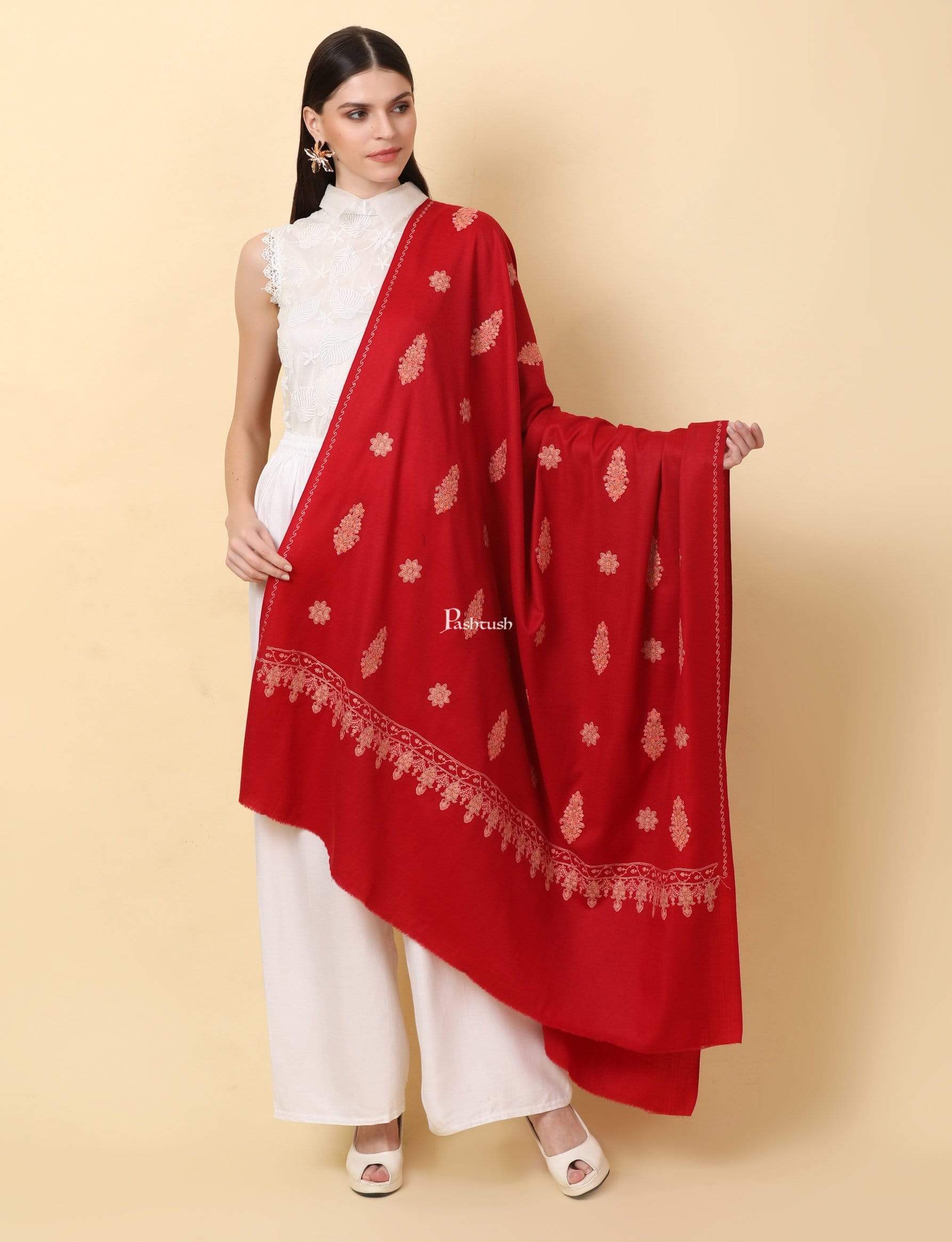 Pashtush Women'S Embroidery Wool With Palla Embroidery Paisley Design Red