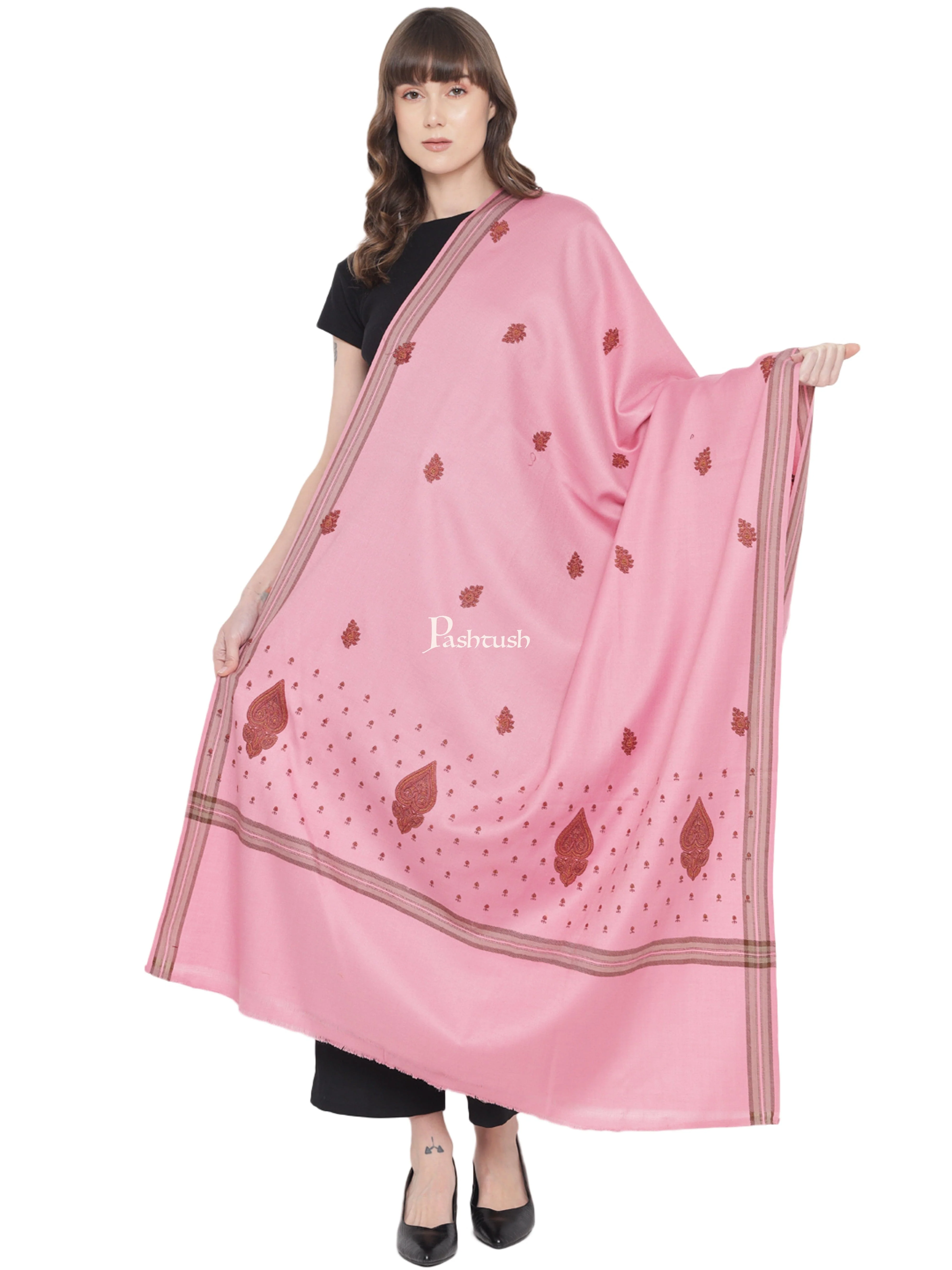 Pashtush Womens Shawl, Woollen, Needlework Embroidery, Pink