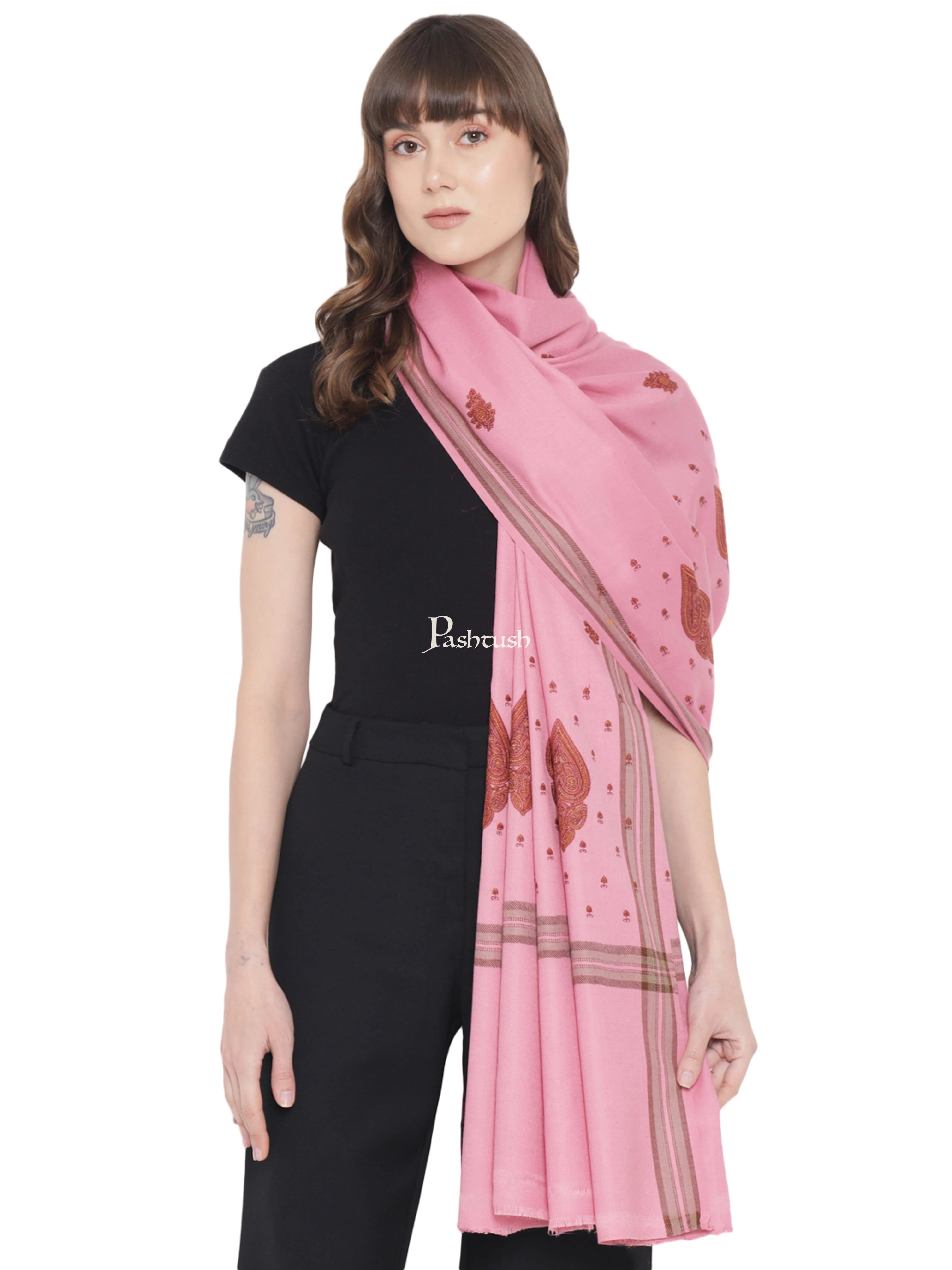 Pashtush Womens Shawl, Woollen, Needlework Embroidery, Pink - Image 4