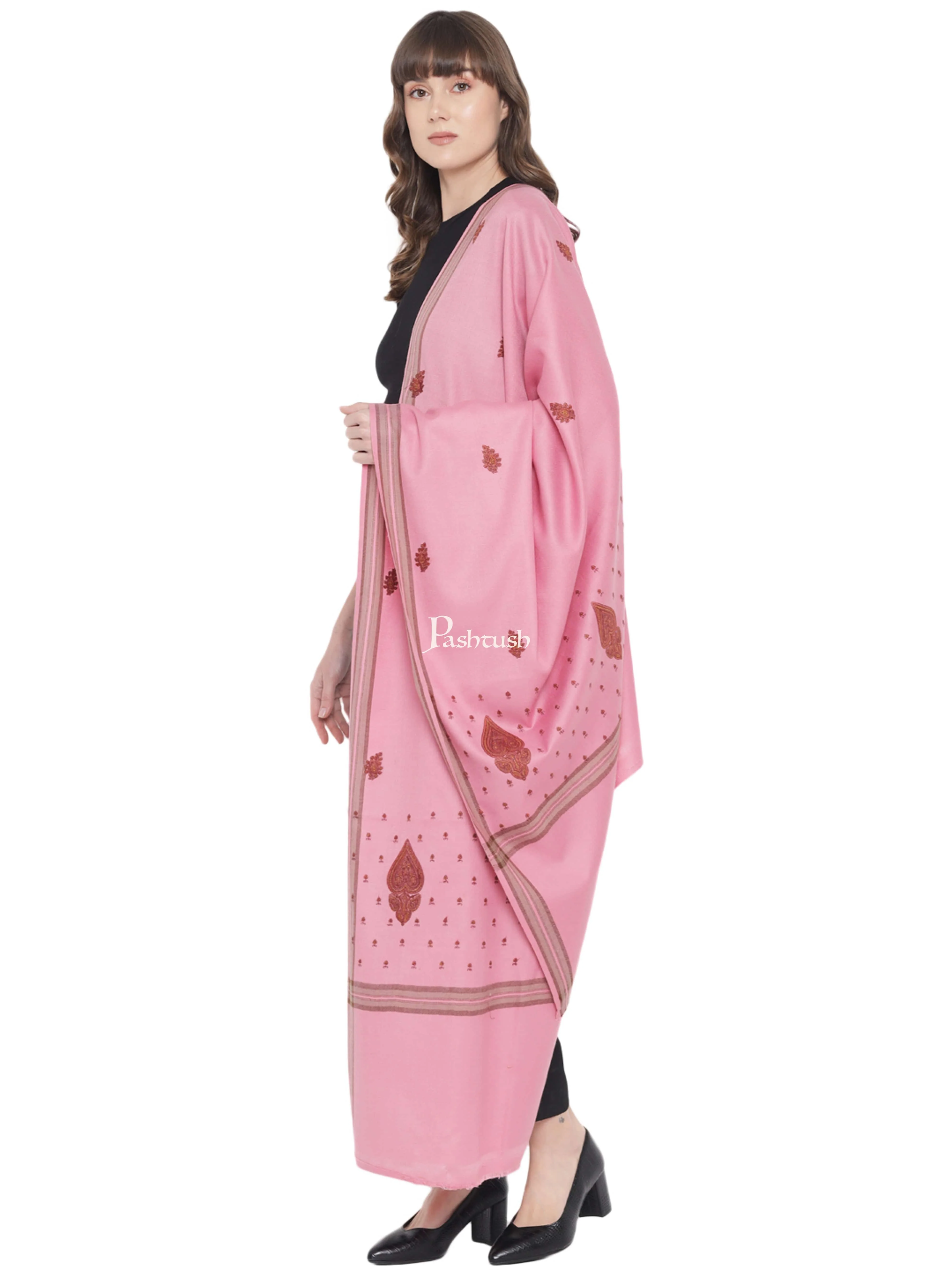 Pashtush Womens Shawl, Woollen, Needlework Embroidery, Pink - Image 5