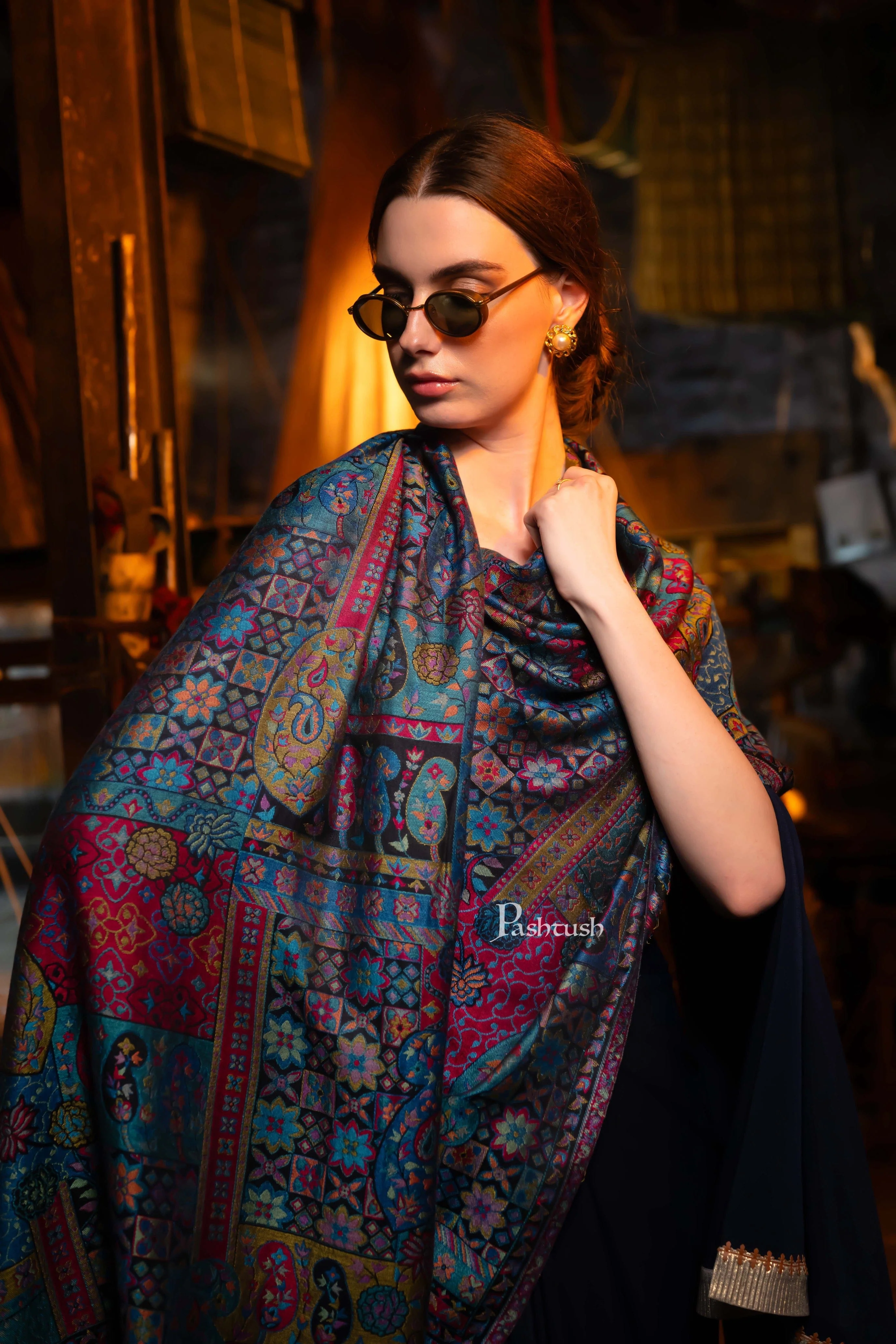 Pashtush Women's Ethnic Design, Soft Bamboo Scarf, Stoles, Wraps, Black