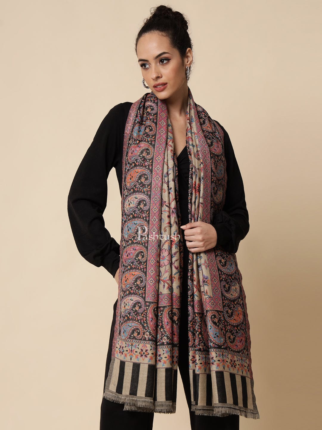 Pashtush Womens Ethnic Shawl, Faux Pashmina, Soft And Warm, Beige - Image 2