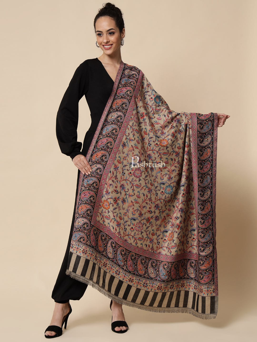 Pashtush Womens Ethnic Shawl, Faux Pashmina, Soft And Warm, Beige - Image 3