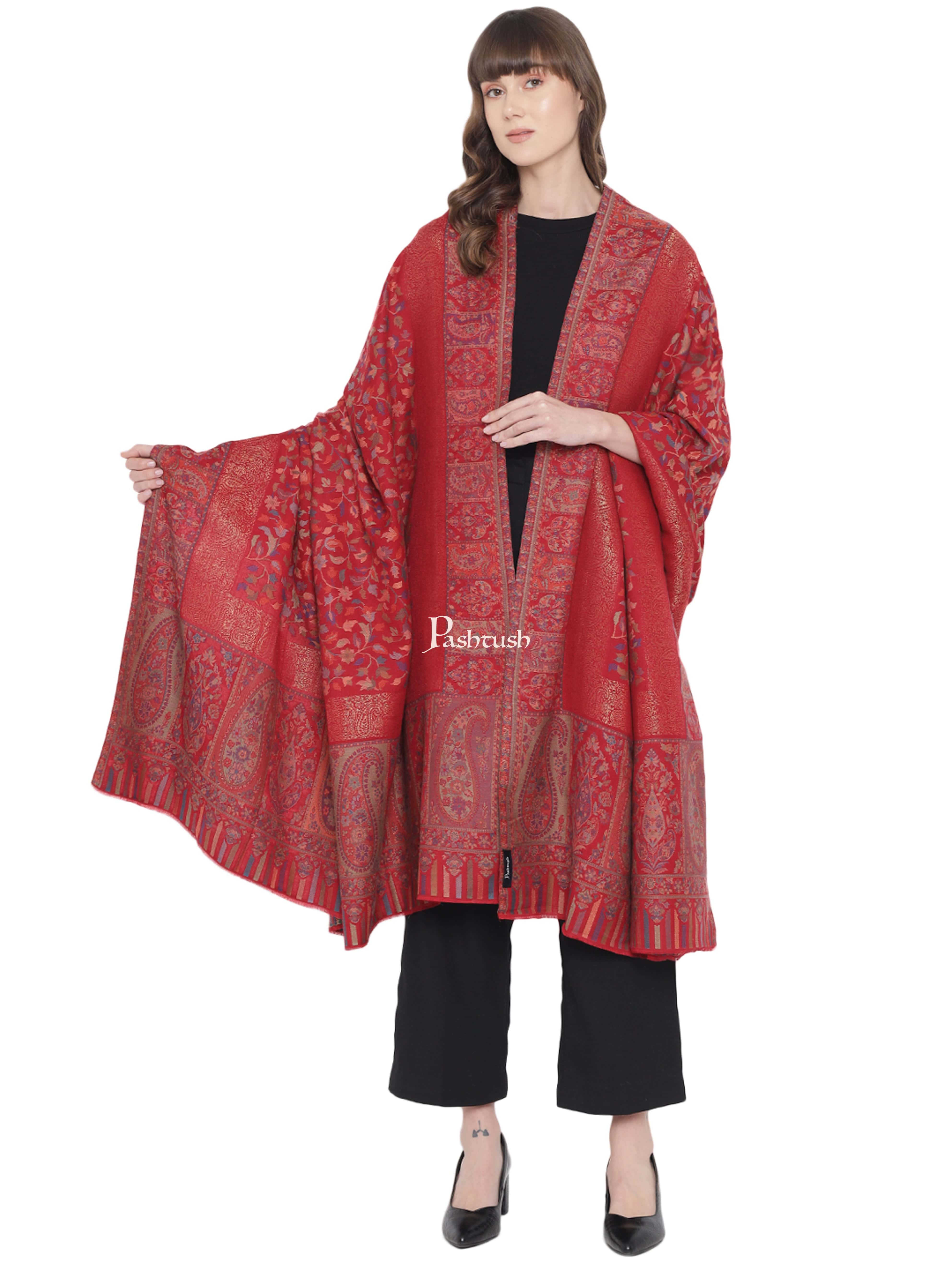 Pashtush Womens Ethnic Shawl, Fine Wool, Metallic Weave Border, Extra Large Size, Crimson