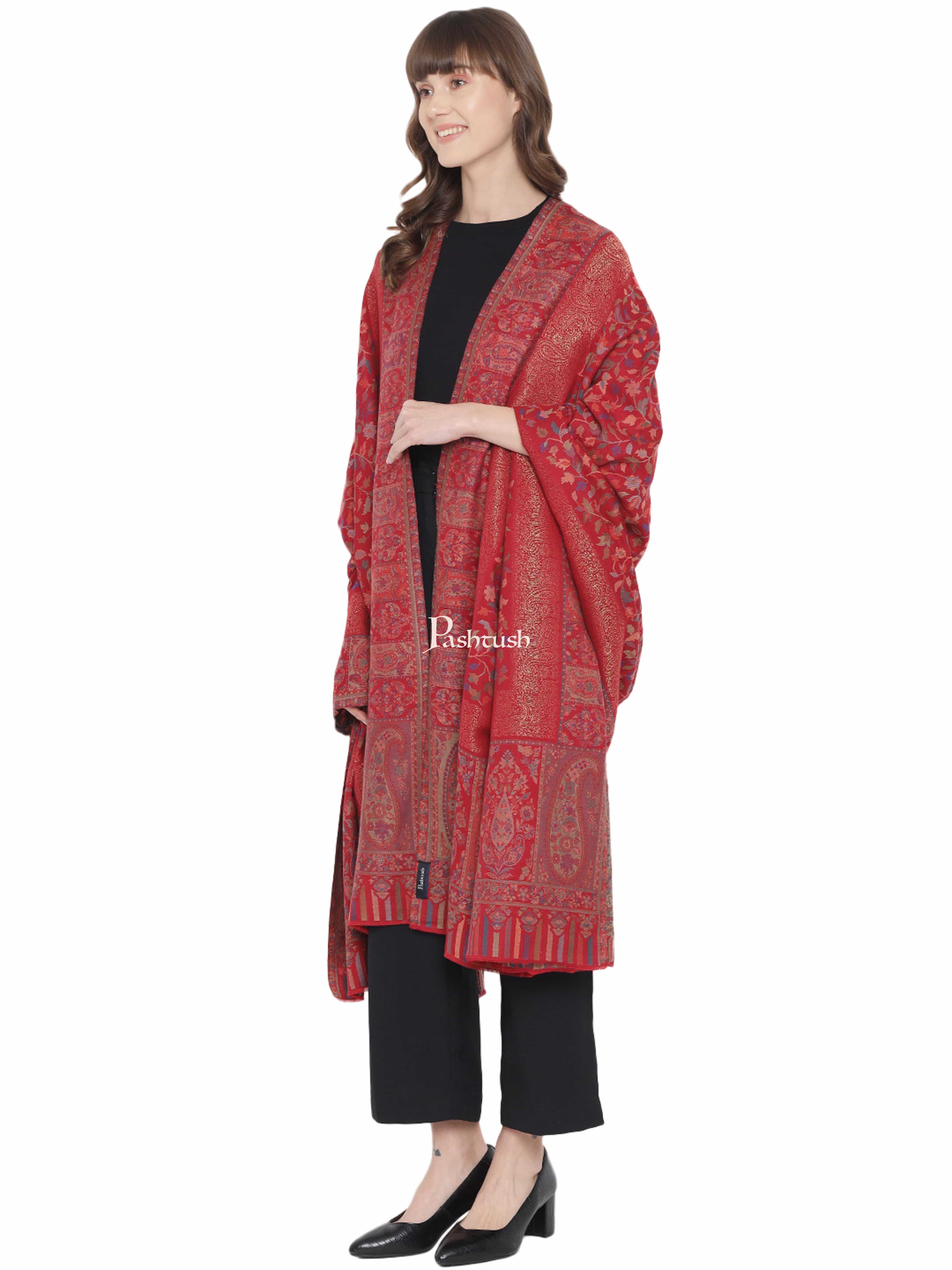 Pashtush Womens Ethnic Shawl, Fine Wool, Metallic Weave Border, Extra Large Size, Crimson - Image 4