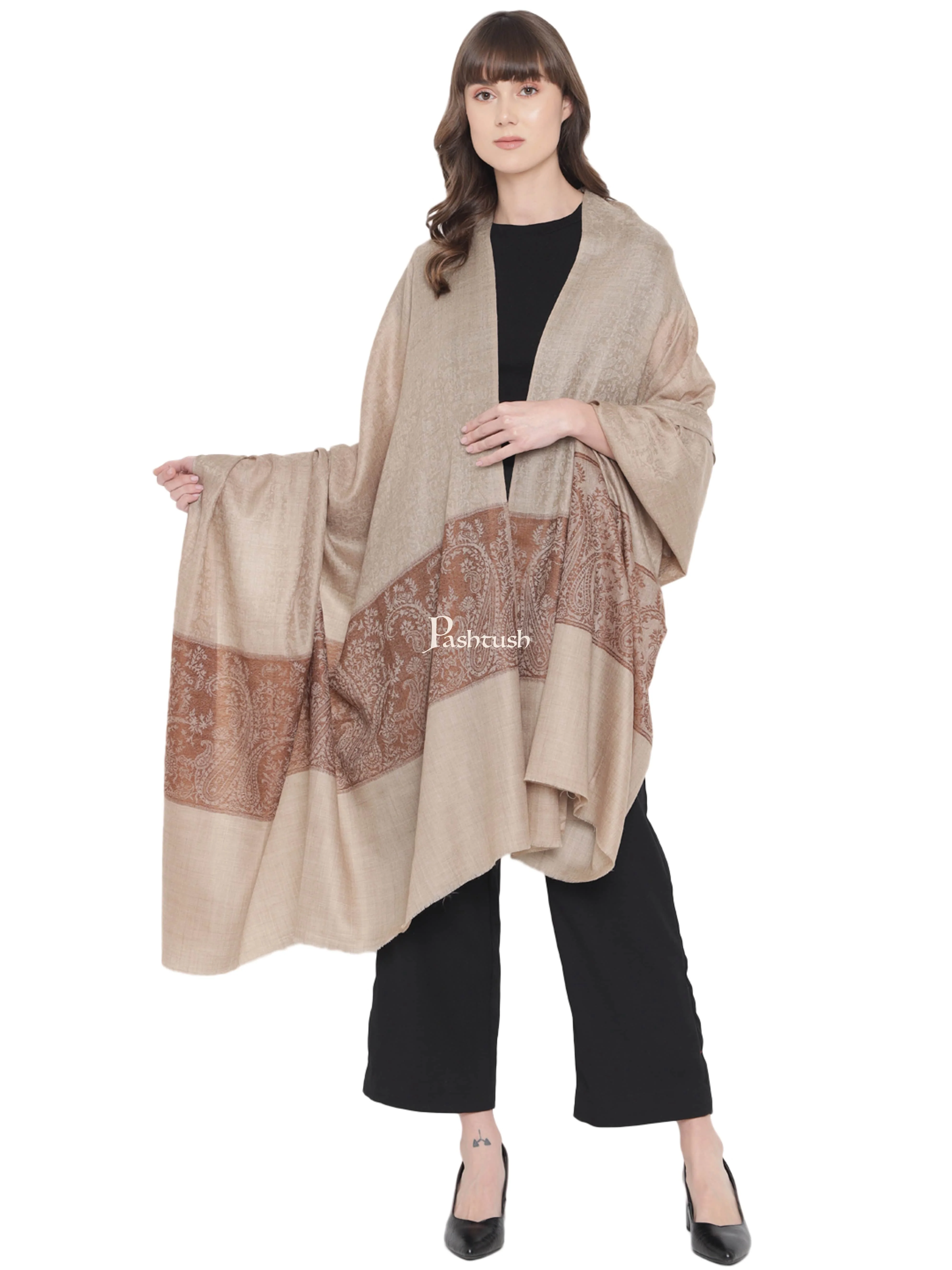 Pashtush Womens Ethnic Weave Palla Shawl, Self Jacquard Palla Weave, Espresso