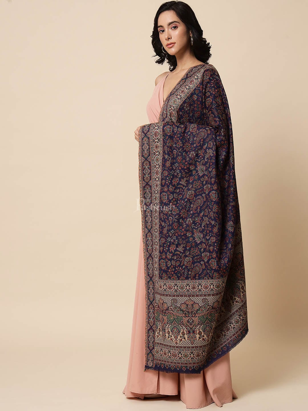 Pashtush Womens Ethnic Weave Shawl, Faux Pashmina, Navy Blue - Image 2