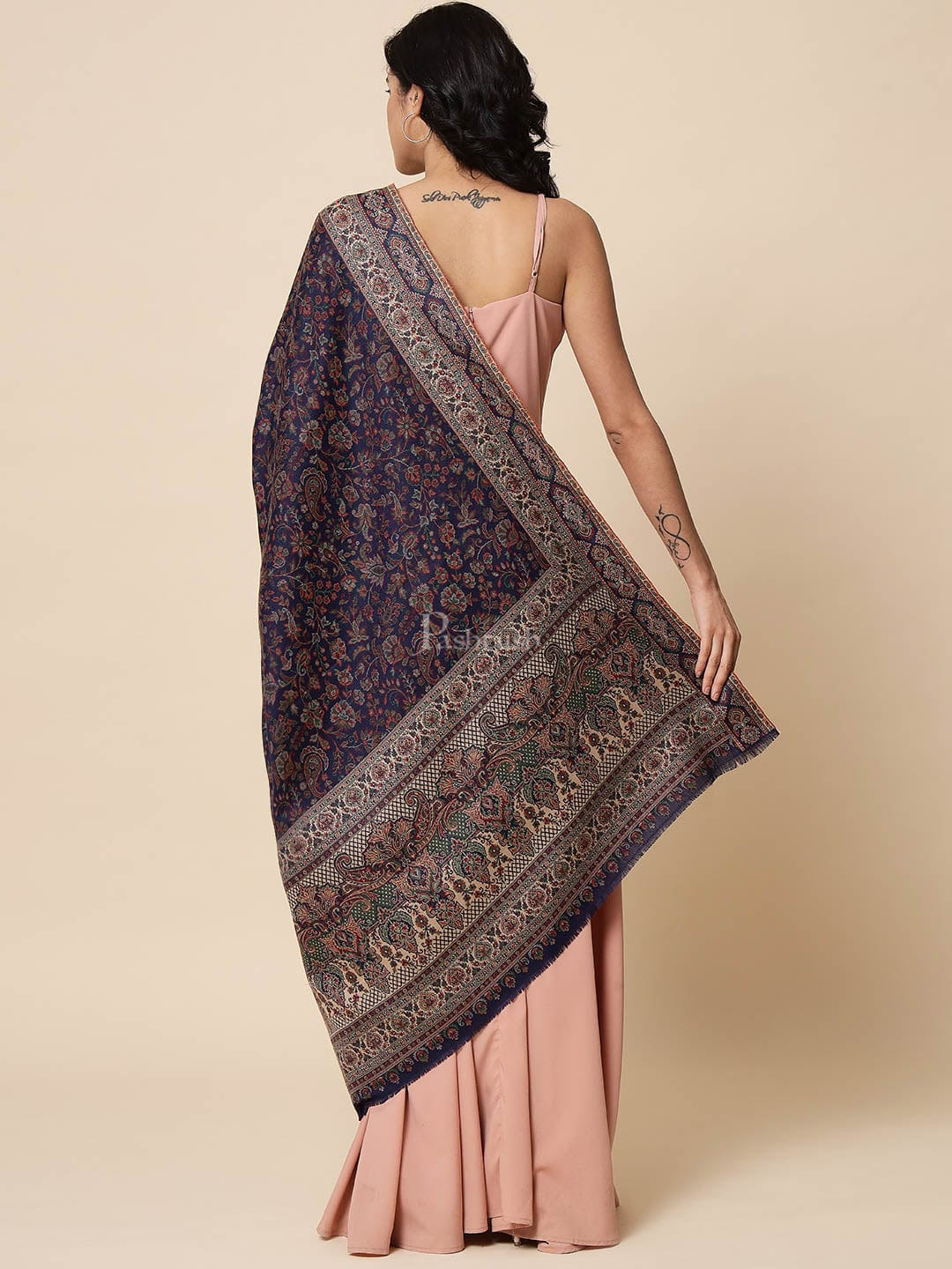 Pashtush Womens Ethnic Weave Shawl, Faux Pashmina, Navy Blue - Image 4