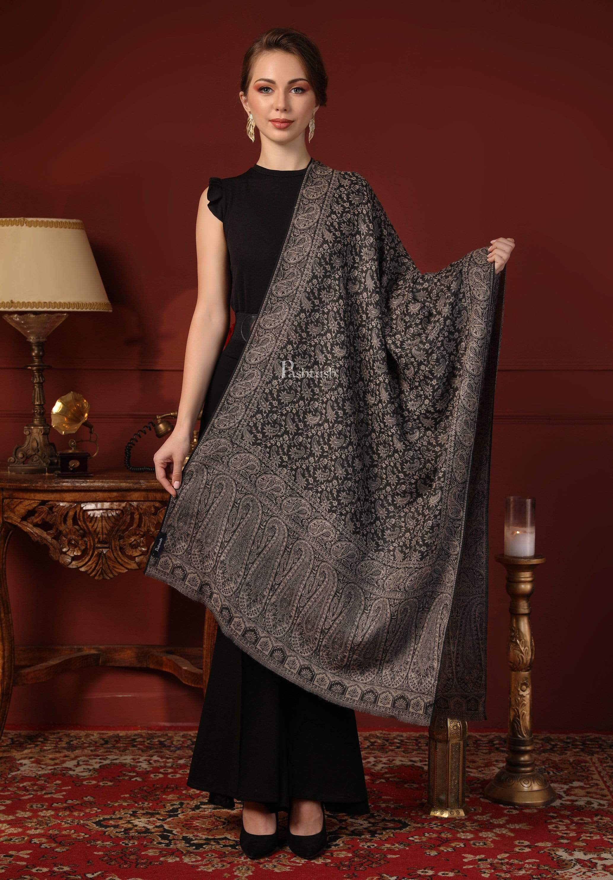 Pashtush Women'S Ethnic Weave Stole, Fine Wool