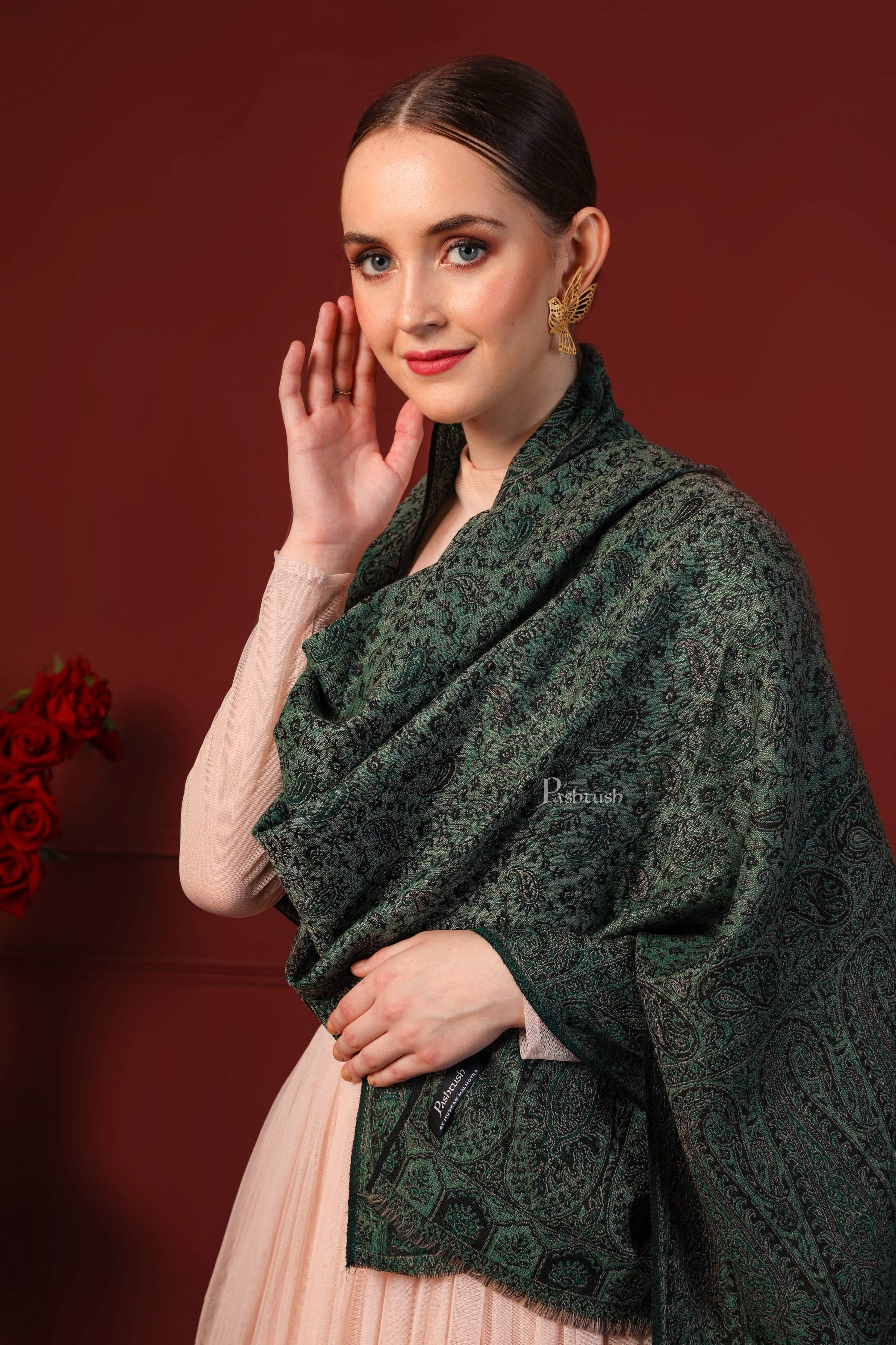 Pashtush Women'S Ethnic Weave Stole, Fine Wool, Bottle Green