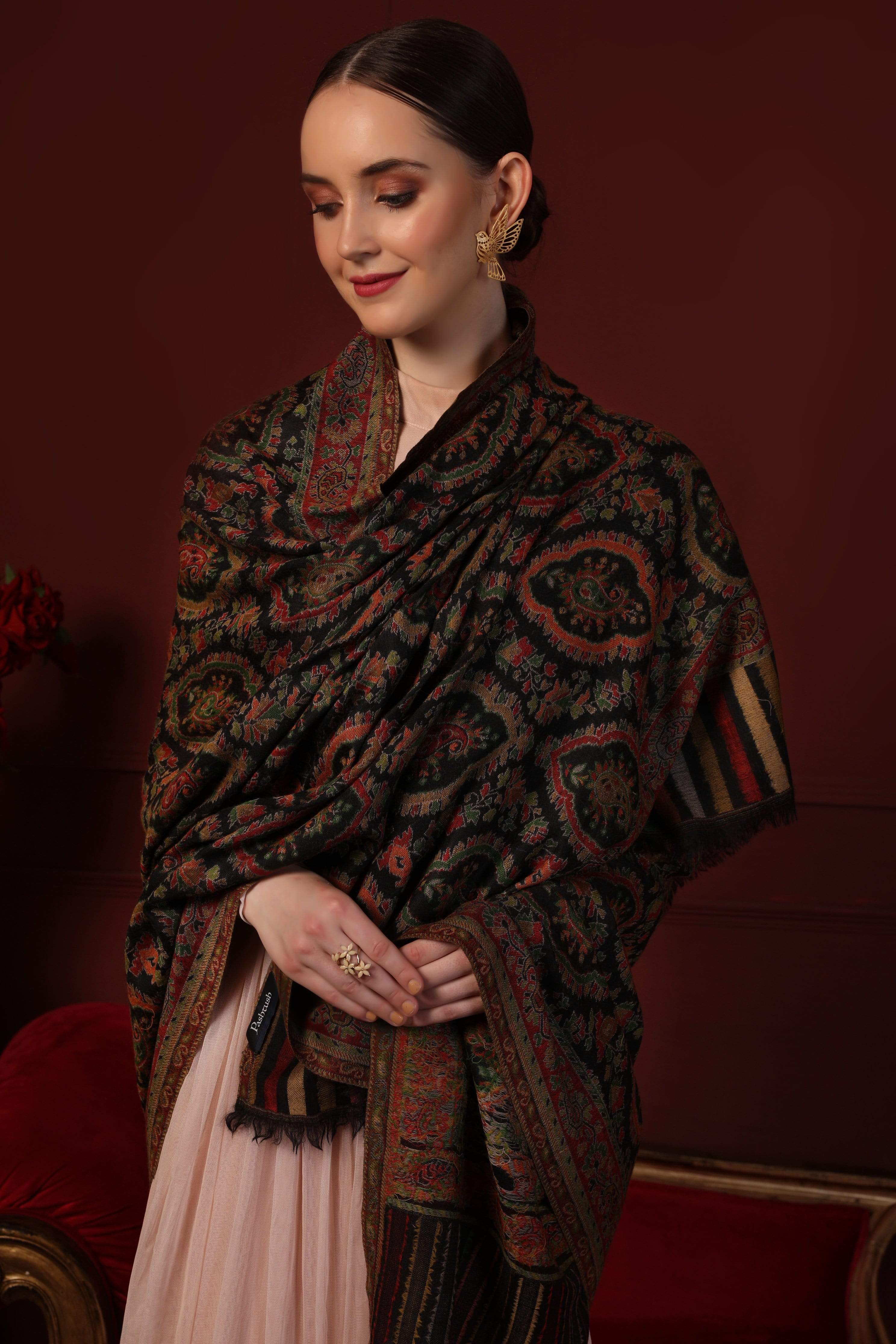Pashtush Womens Extra Fine Ethnic Shawl, Pure Wool, Woolmark Certificate