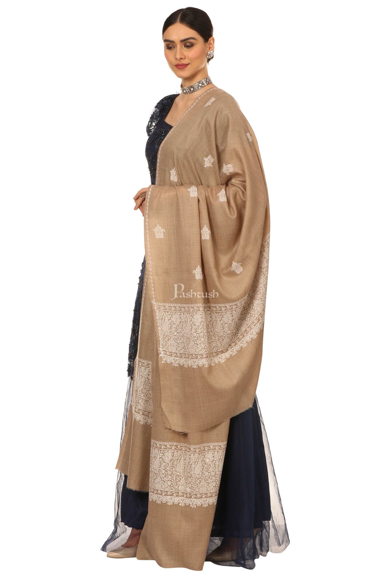 Pashtush Womens, Extra Fine Palla Embroidery Shawl, With Tone On Tone Needlework, Wool Design, Soft And Extra Fine