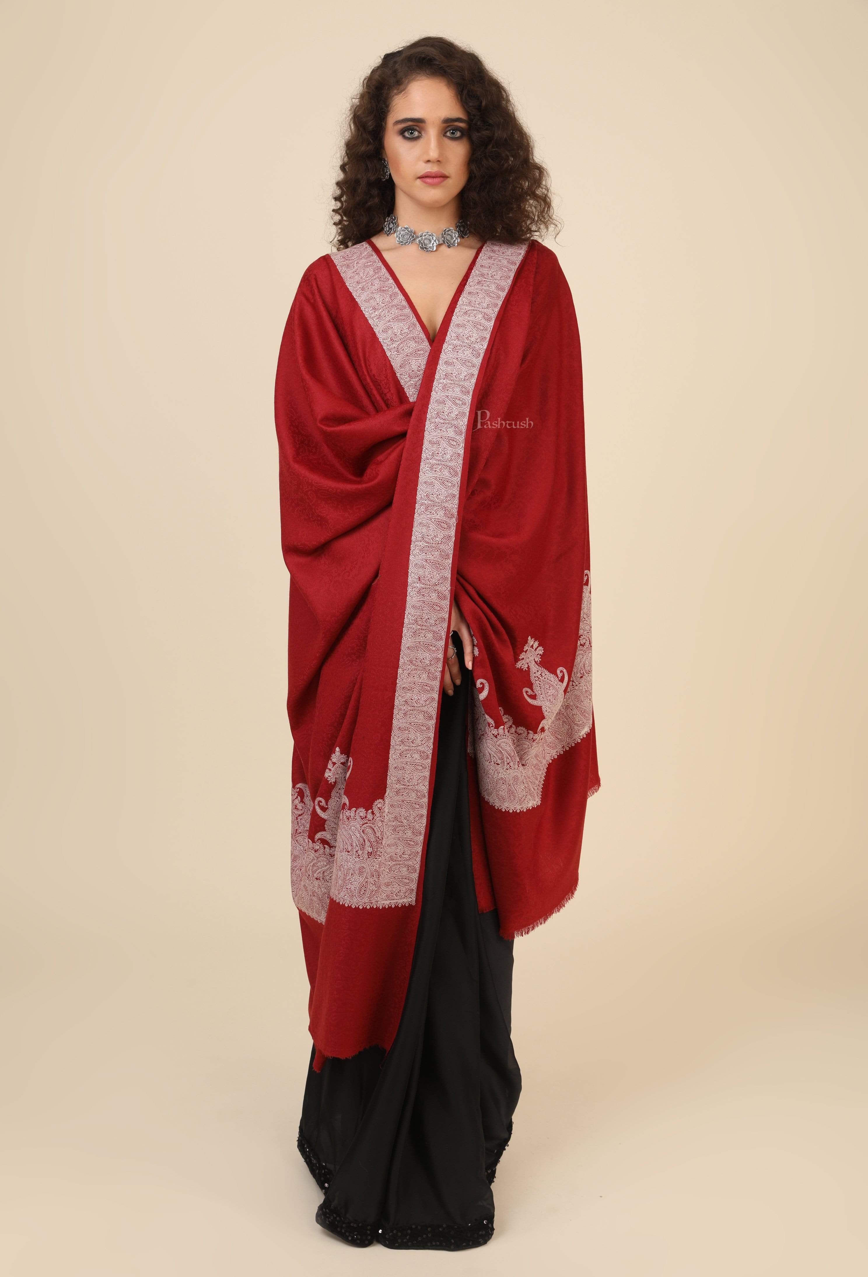 Pashtush Womens Shawl, Fine Wool Tone On Tone Palla Embroidery, Maroon - Image 3