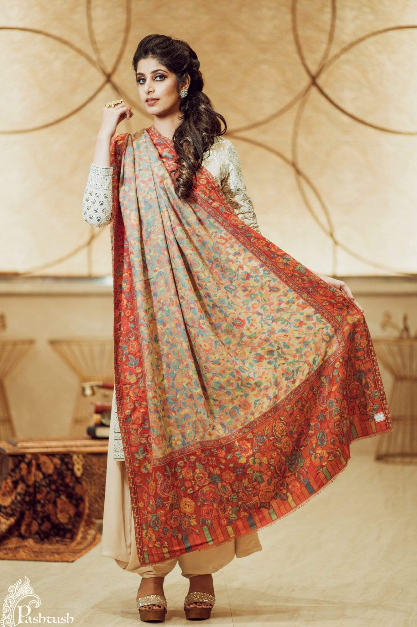 Pashtush Womens Extra Fine Soft Ethnic Weave Shawl, Fine Wool Silk 120 Count