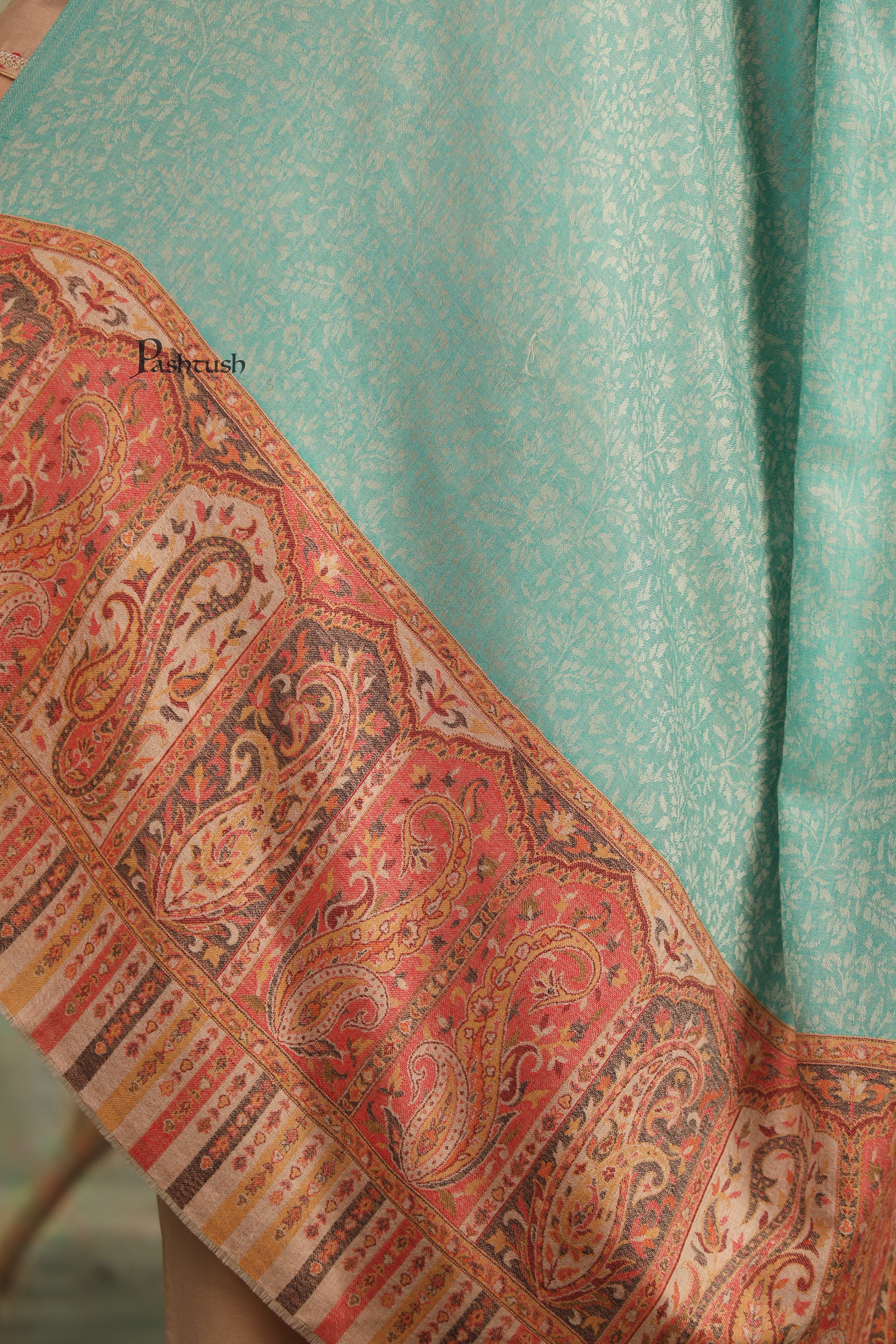 Pashtush Womens Extra Fine Wool Shawl, Ambi Palla Design, Seagreen - Image 2