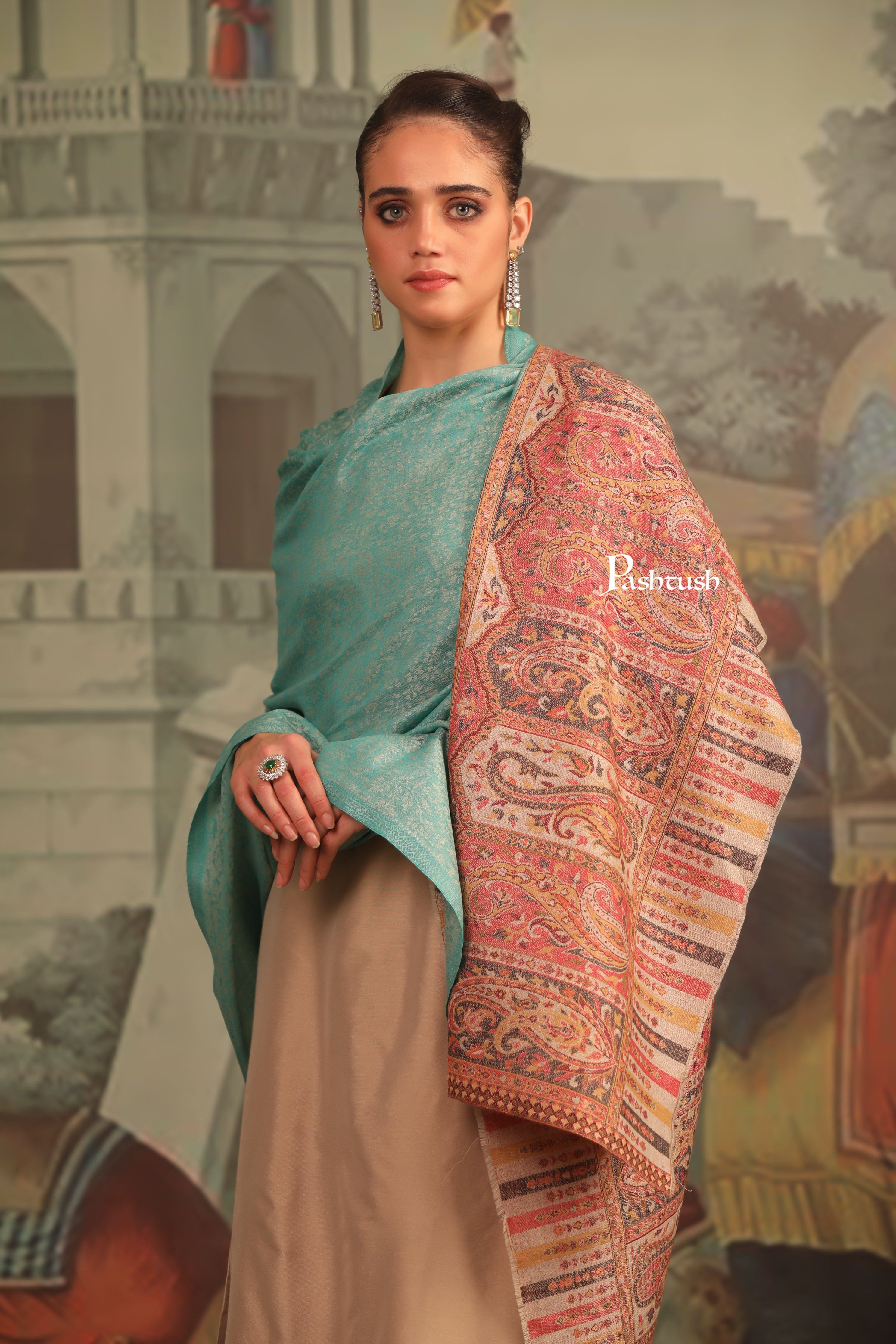 Pashtush Womens Extra Fine Wool Shawl, Ambi Palla Design, Seagreen - Image 3