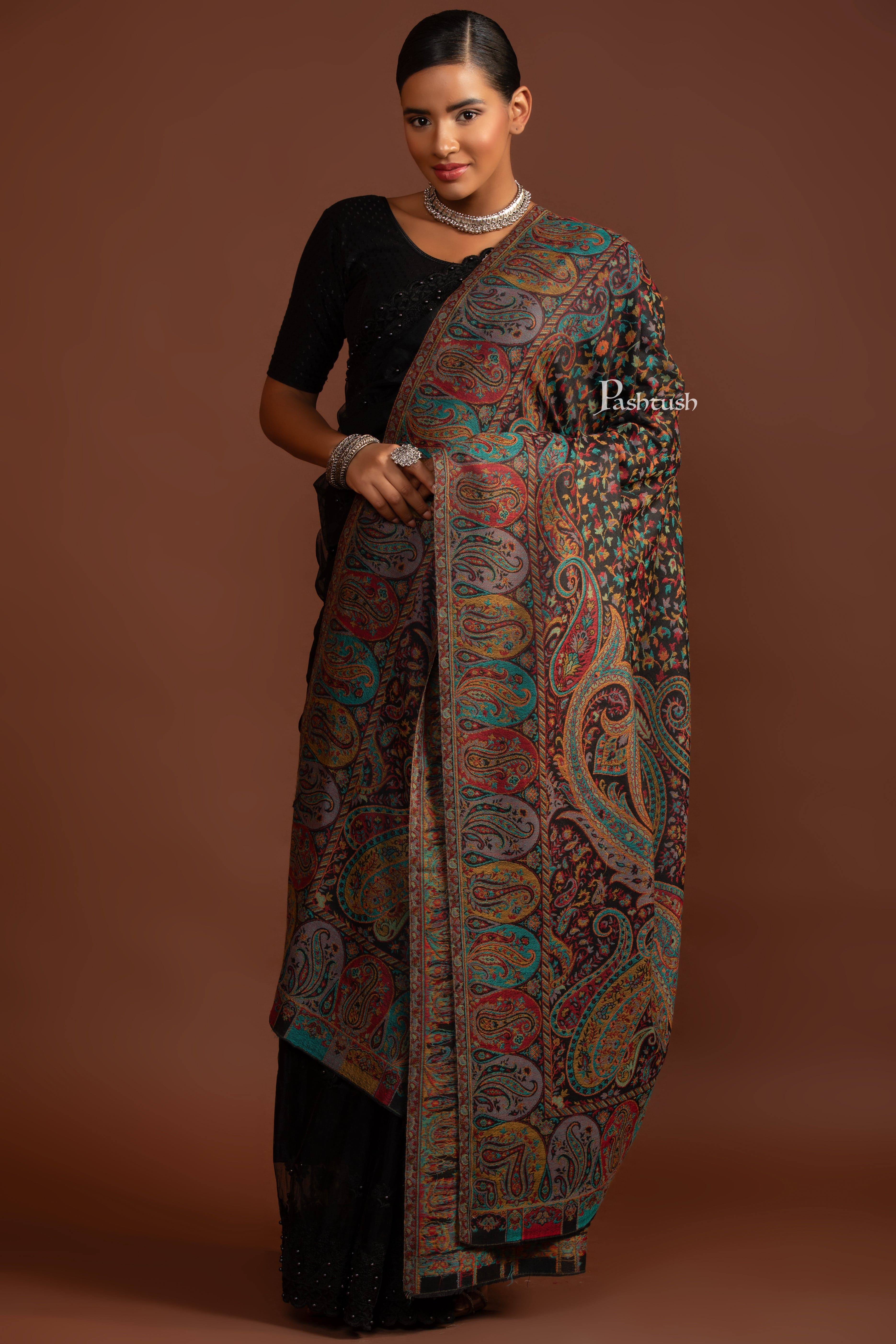 Pashtush Womens Extra Fine Wool Shawl, Antique Ethnic Weave Design, Black - Image 5